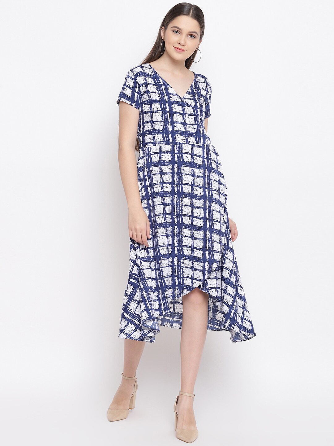 

FABNEST Women Blue & White Checked Crepe A-Line Midi Dress