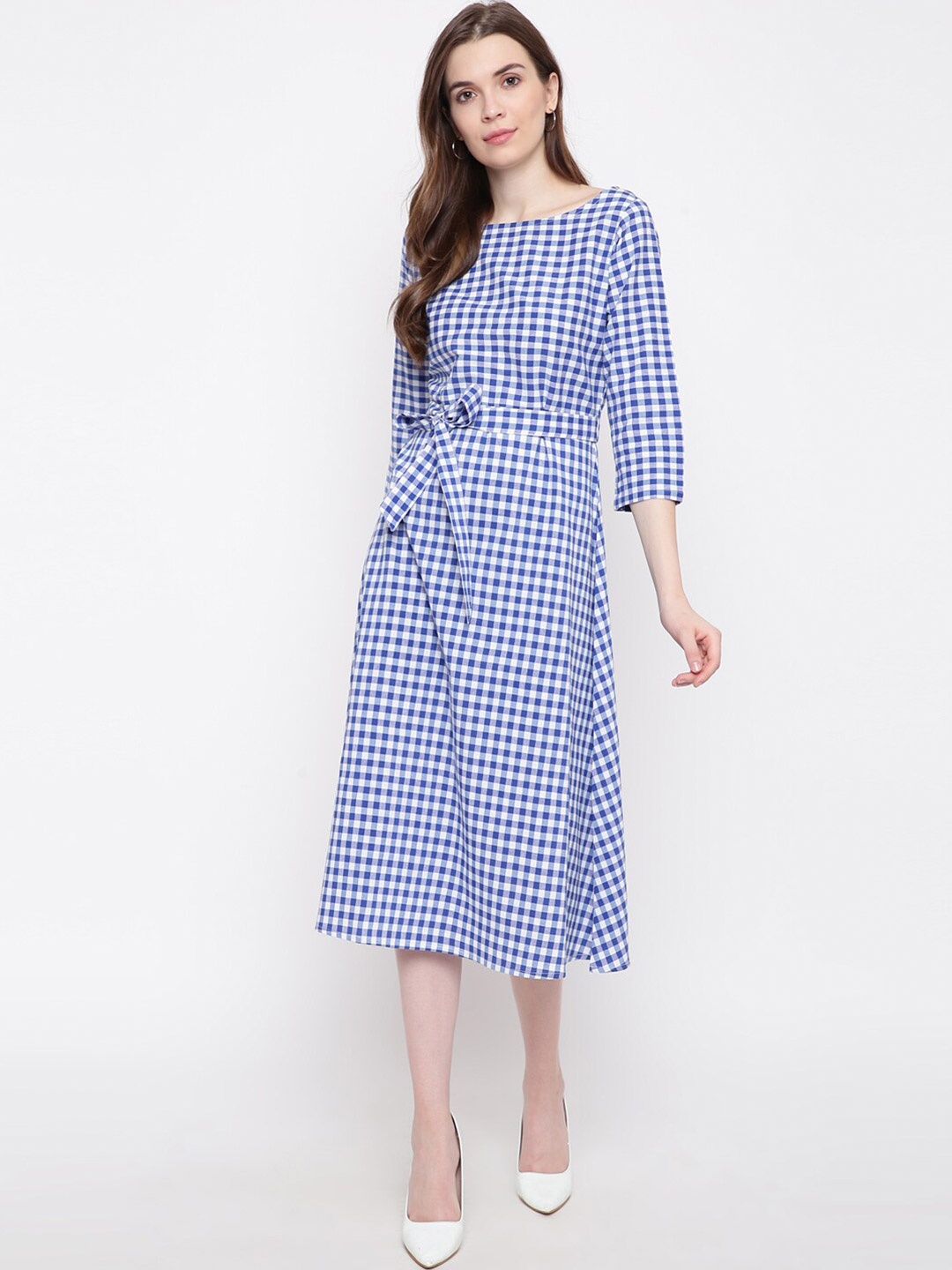 

FABNEST Women Blue Checked Midi Dress