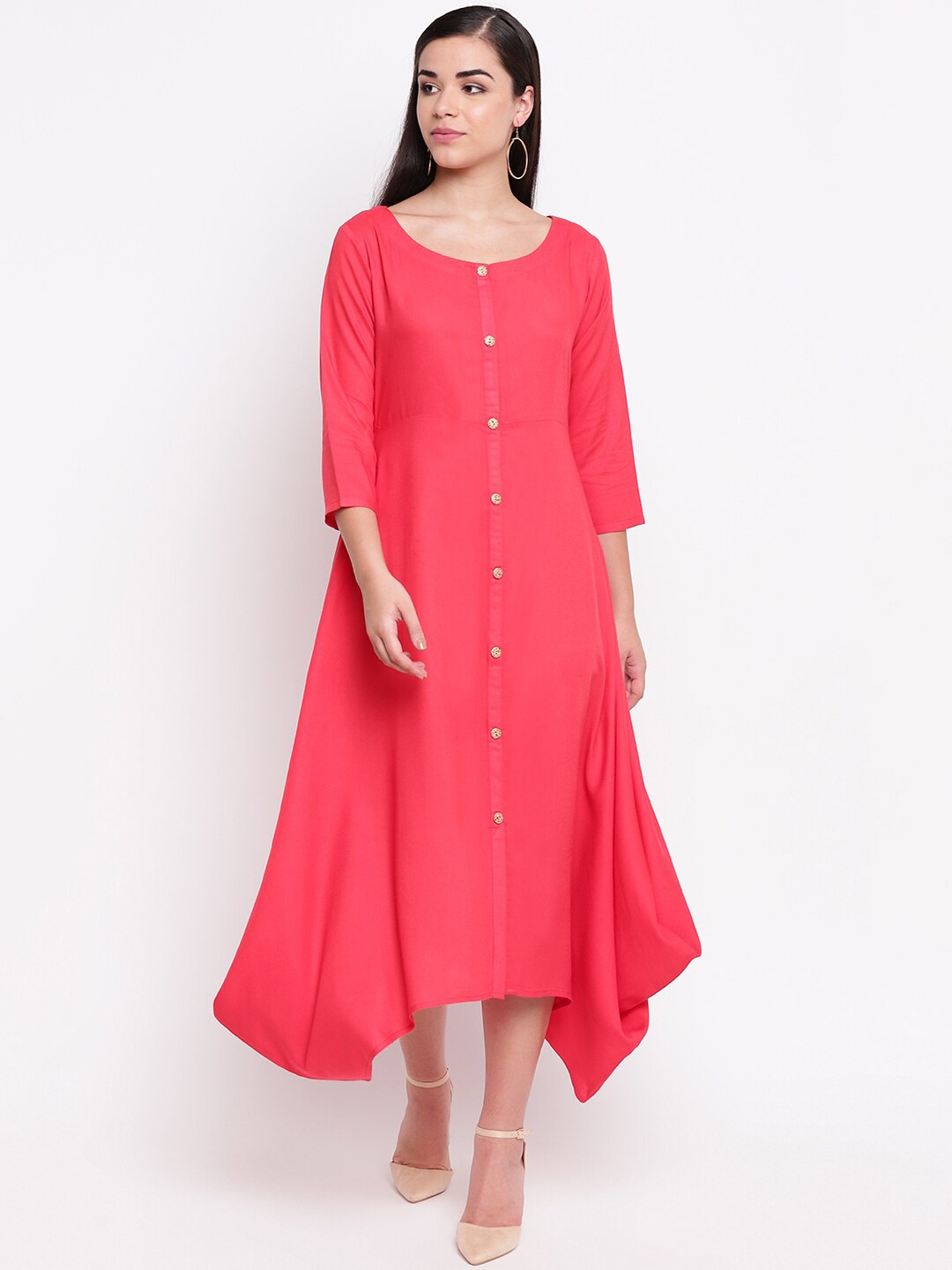 

FABNEST Women Pink Solid A-Line Midi Dress