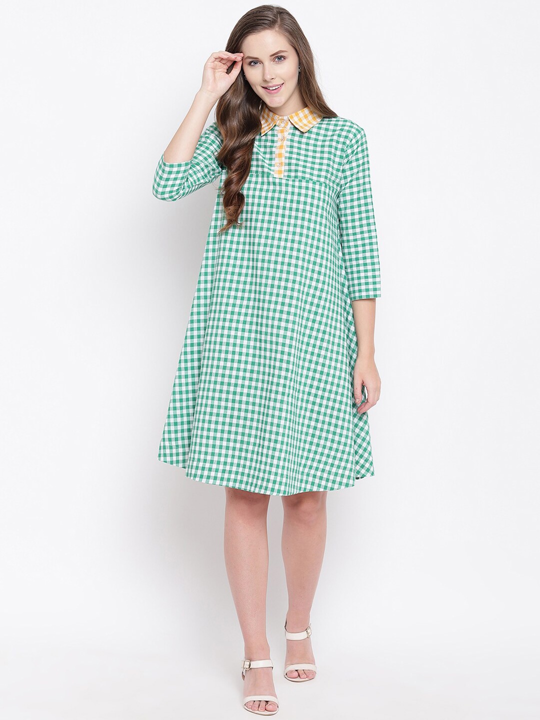 

FABNEST Women Green Checked A-Line Cotton Dress