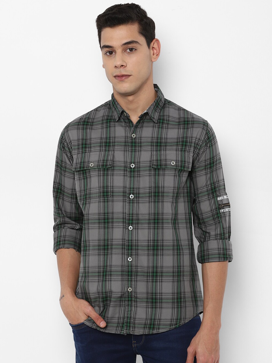 

FOREVER 21 Men Grey & Green Tartan Checked Cotton Casual Shirt