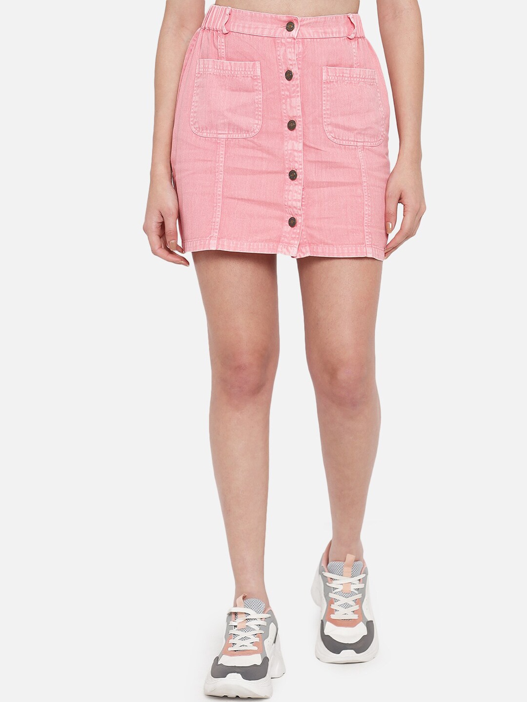 

Orchid Blues Women Pink Solid Pure Cotton Straight Mini Skirts