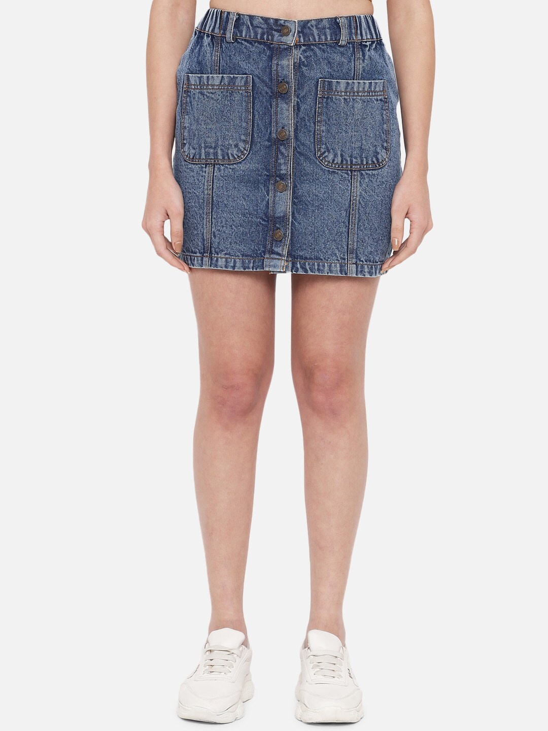 

Orchid Blues Women Blue Solid Cotton Denim A-Line Mini Skirts