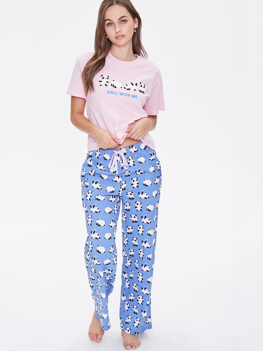 

FOREVER 21 Women Pink & Blue Printed Pure Cotton Night Suit