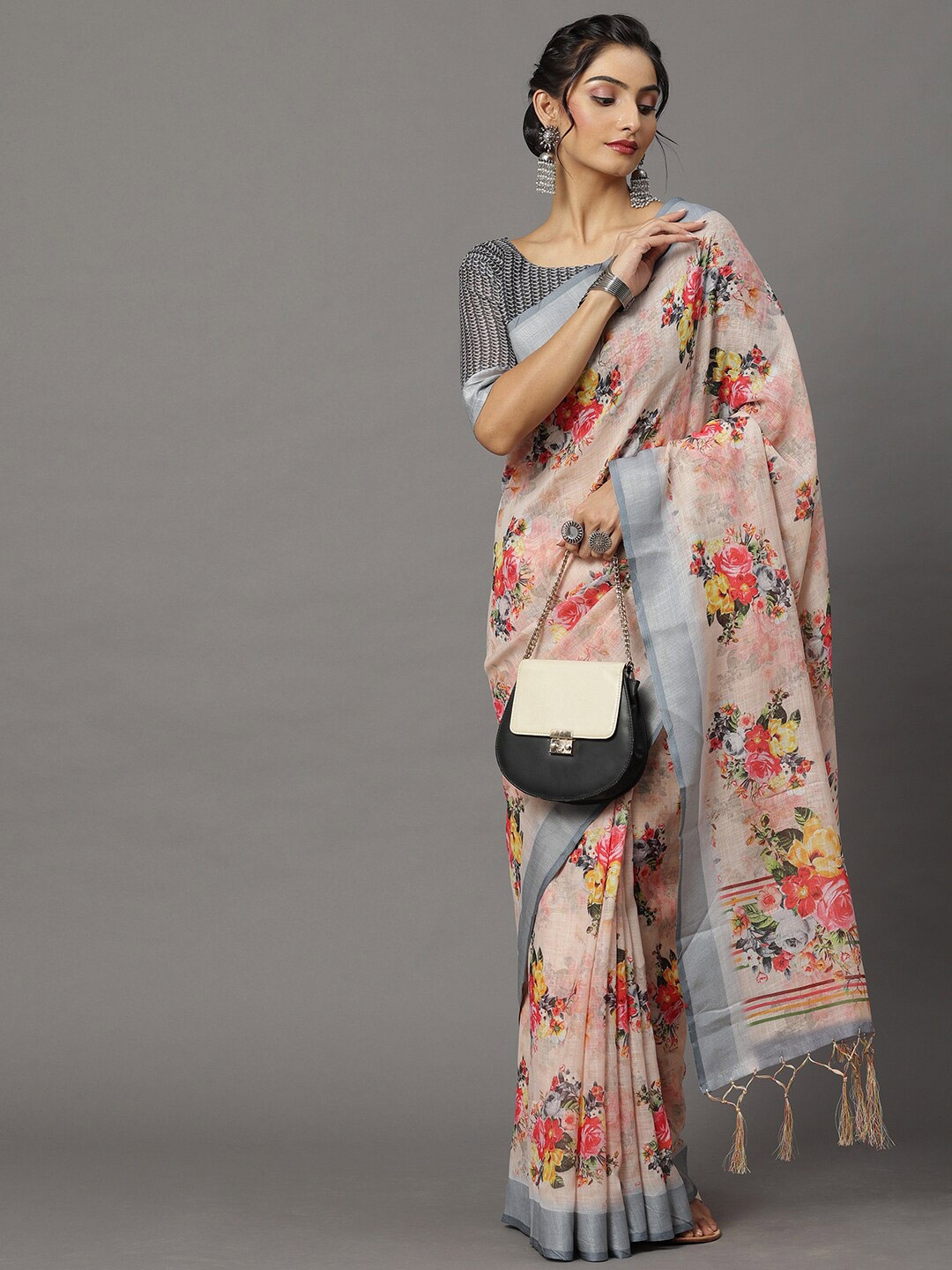 

Mitera Peach-Coloured & Grey Floral Zari Linen Blend Saree