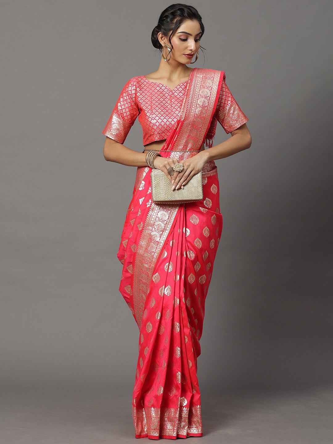 

Mitera Peach-Coloured & Silver Woven Design Silk Blend Banarasi Saree