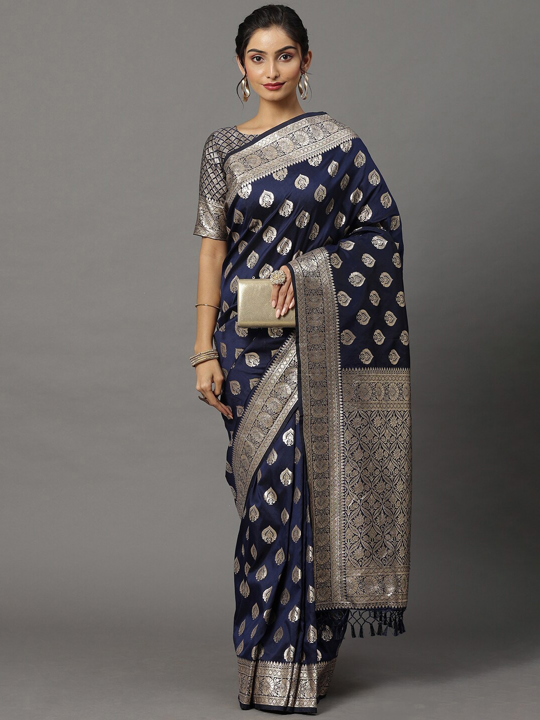 

Mitera Navy Blue & Silver-Toned Woven Design Silk Blend Banarasi Saree