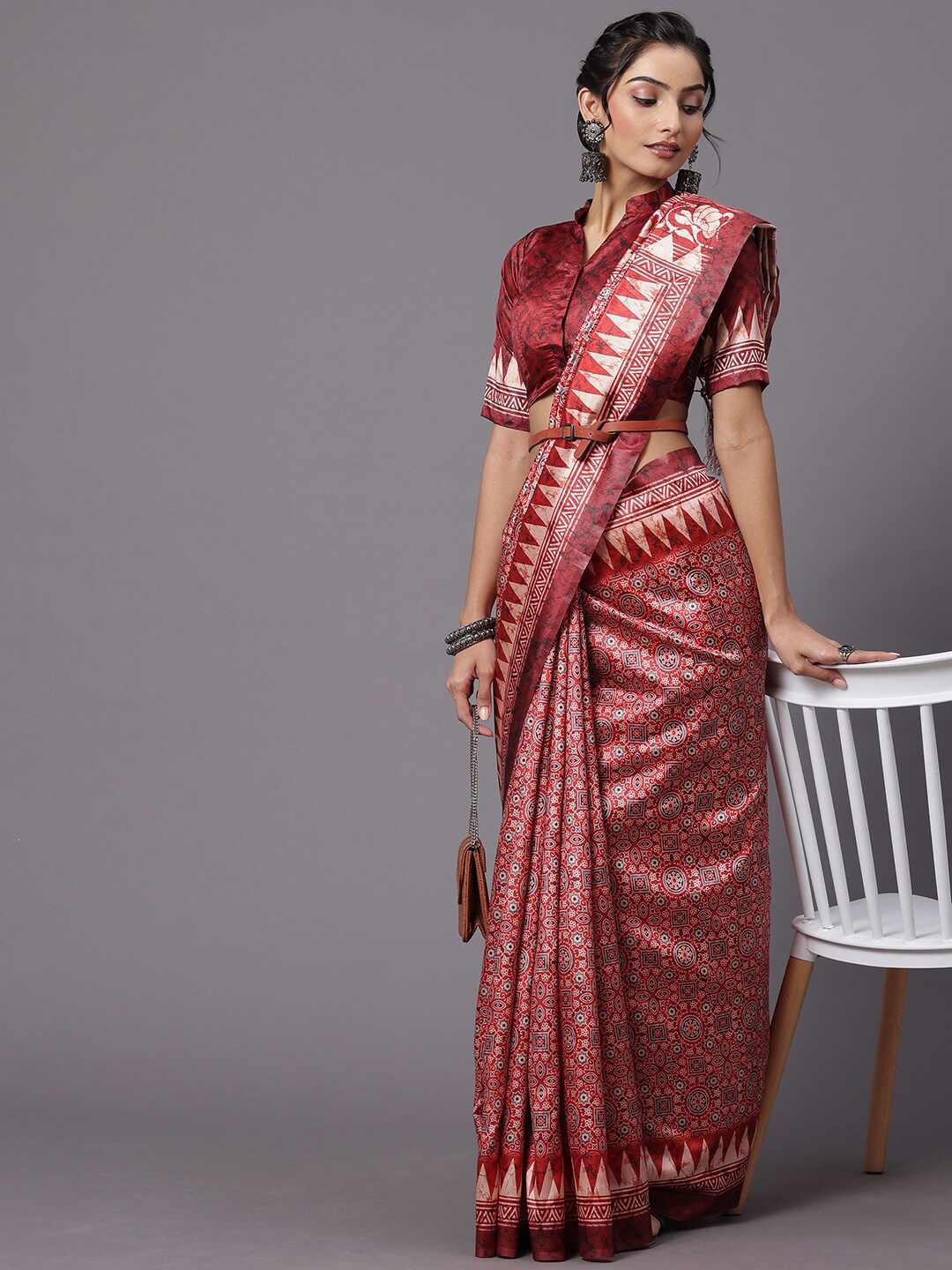 

Mitera Maroon & Cream-Coloured Ajrak Printed Silk Blend Ikat Saree