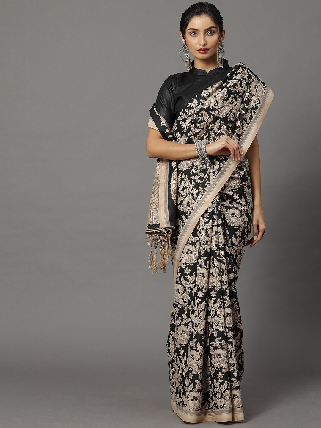 

Mitera Black & Beige Ethnic Motifs Art Silk Bhagalpuri Saree