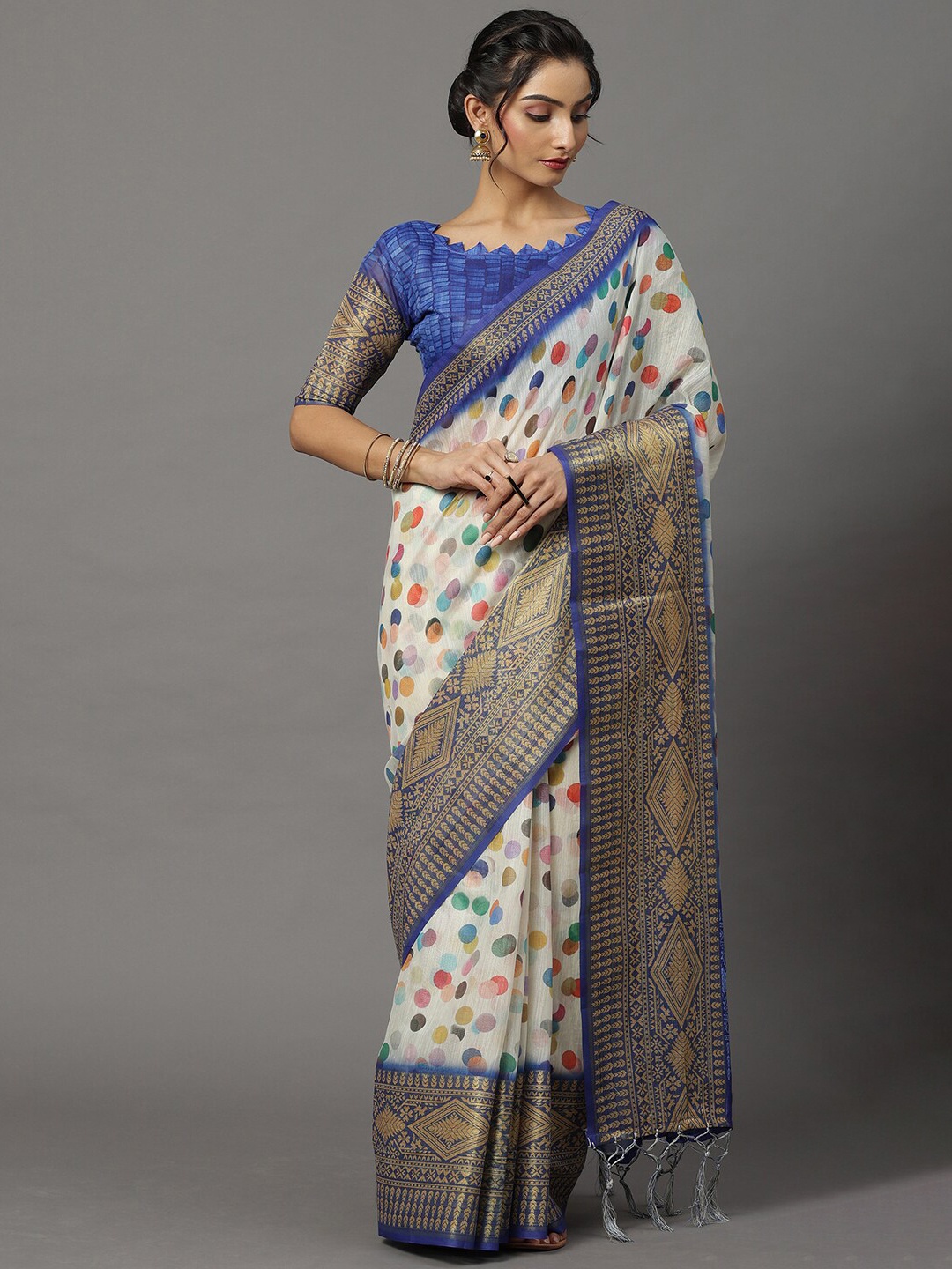 

Mitera Off White & Blue Polka Dot Printed Silk Blend Saree