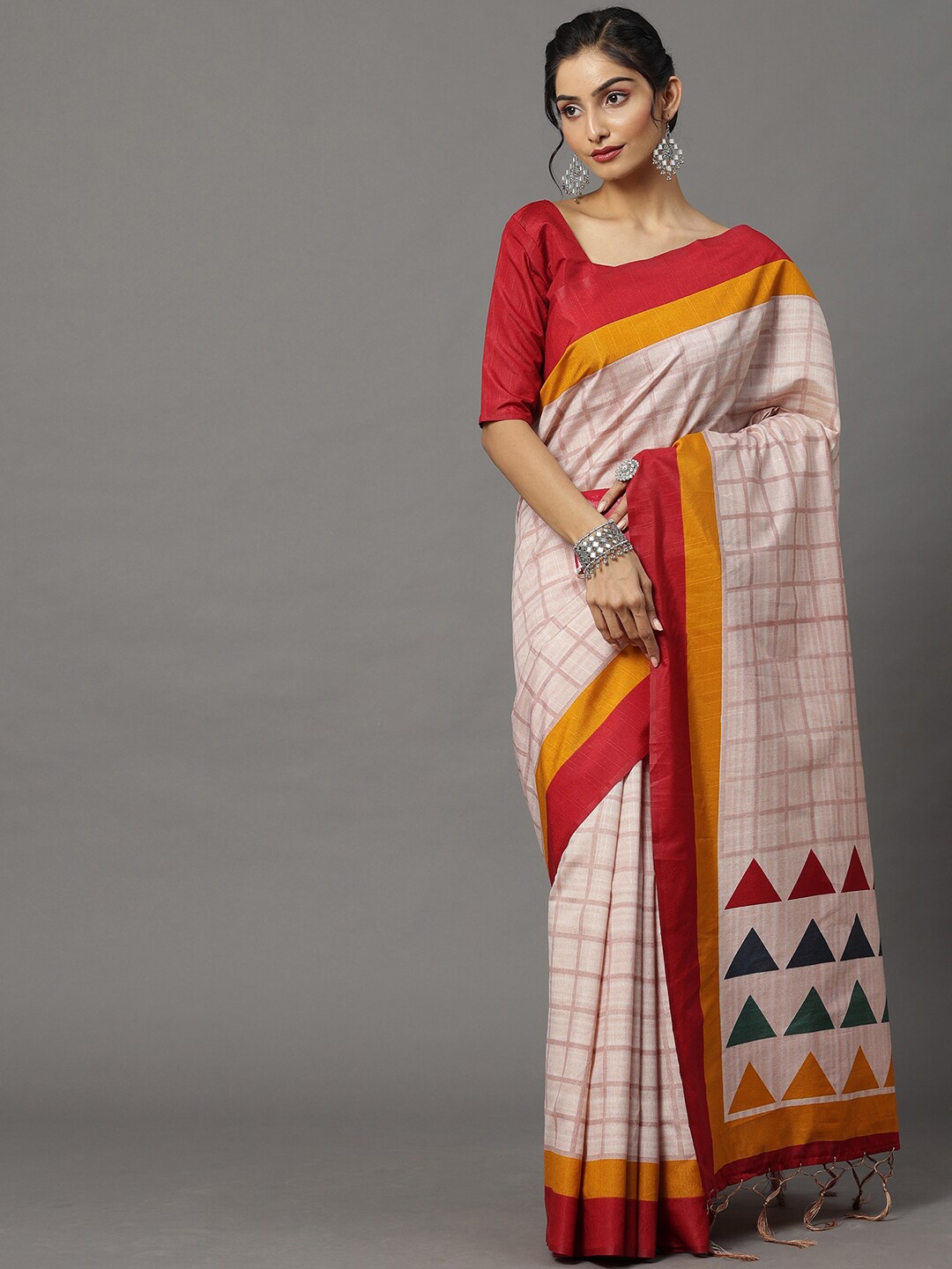 

Mitera Cream-Coloured & Red Geometric Printed Art Silk Bhagalpuri Saree