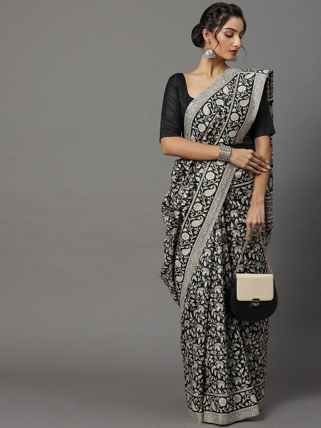 

Mitera Black & Beige Ethnic Motifs Art Silk Bhagalpuri Saree
