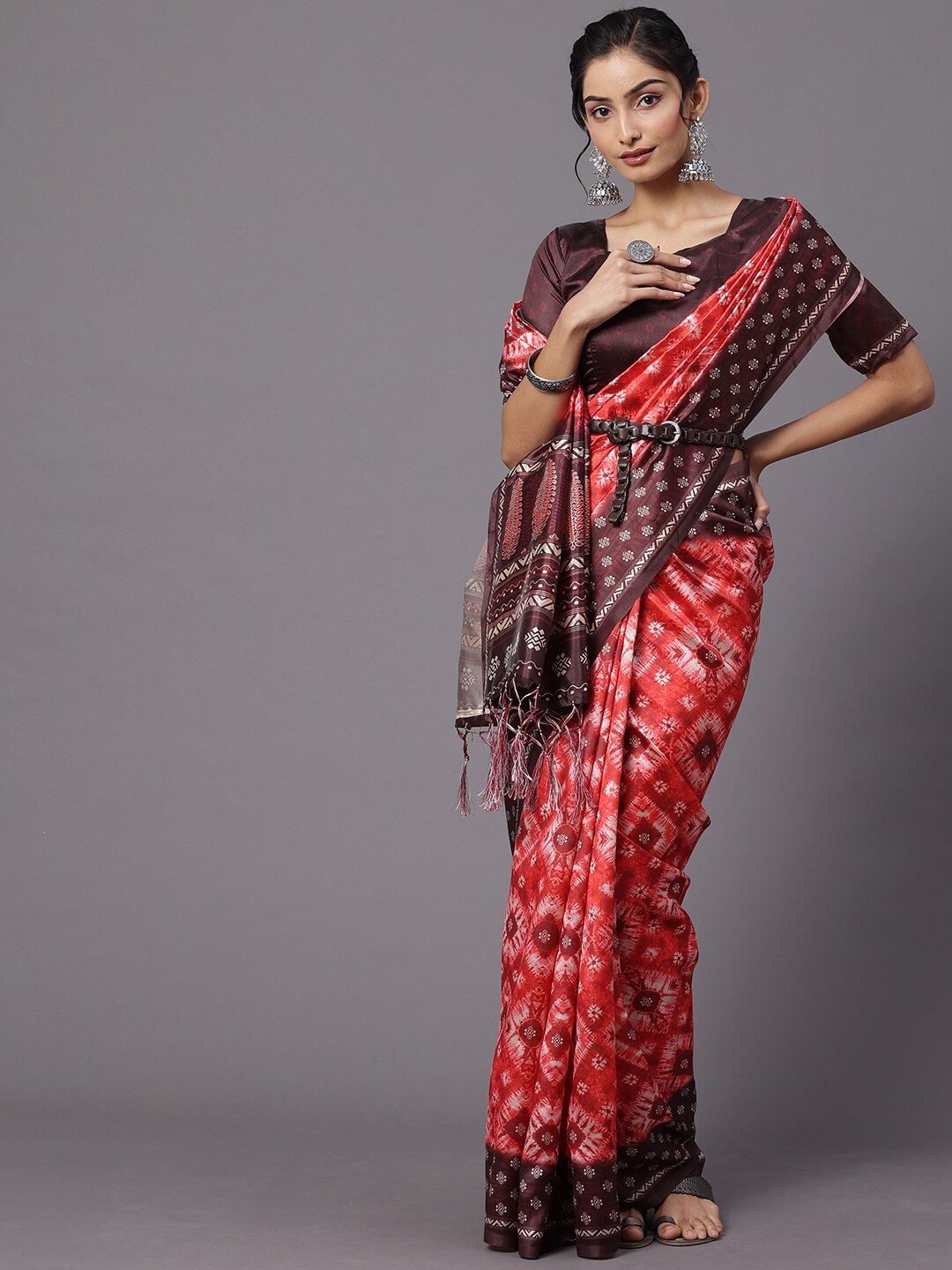 

Mitera Maroon & Peach-Coloured Silk Blend Ikat Saree