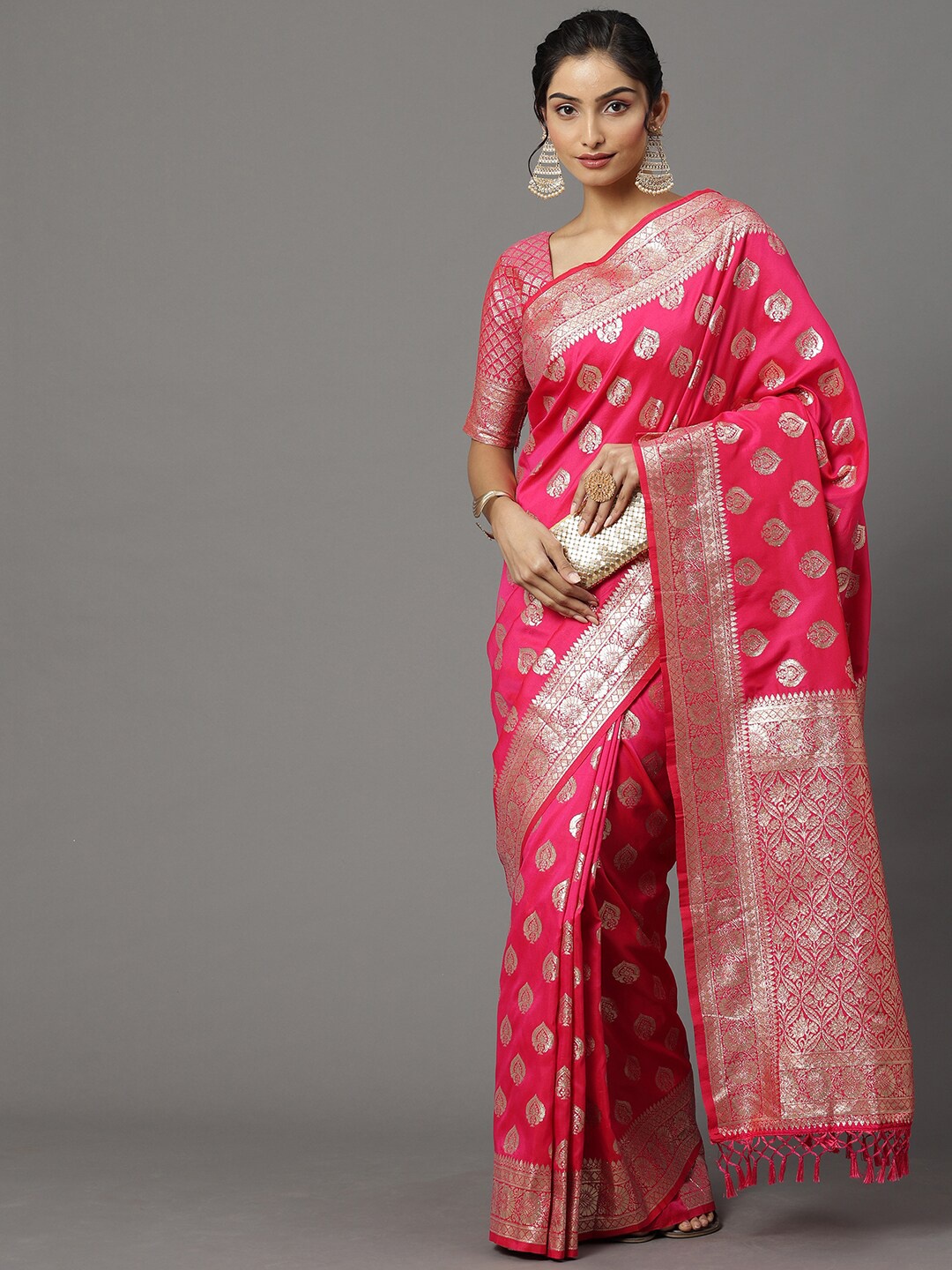 

Mitera Pink & Silver-Toned Woven Design Silk Blend Banarasi Saree