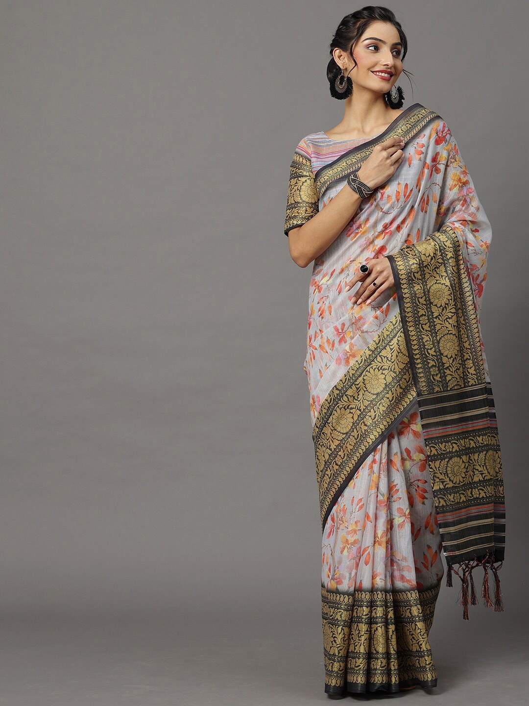 

Mitera Grey & Gold-Toned Floral Silk Blend Saree