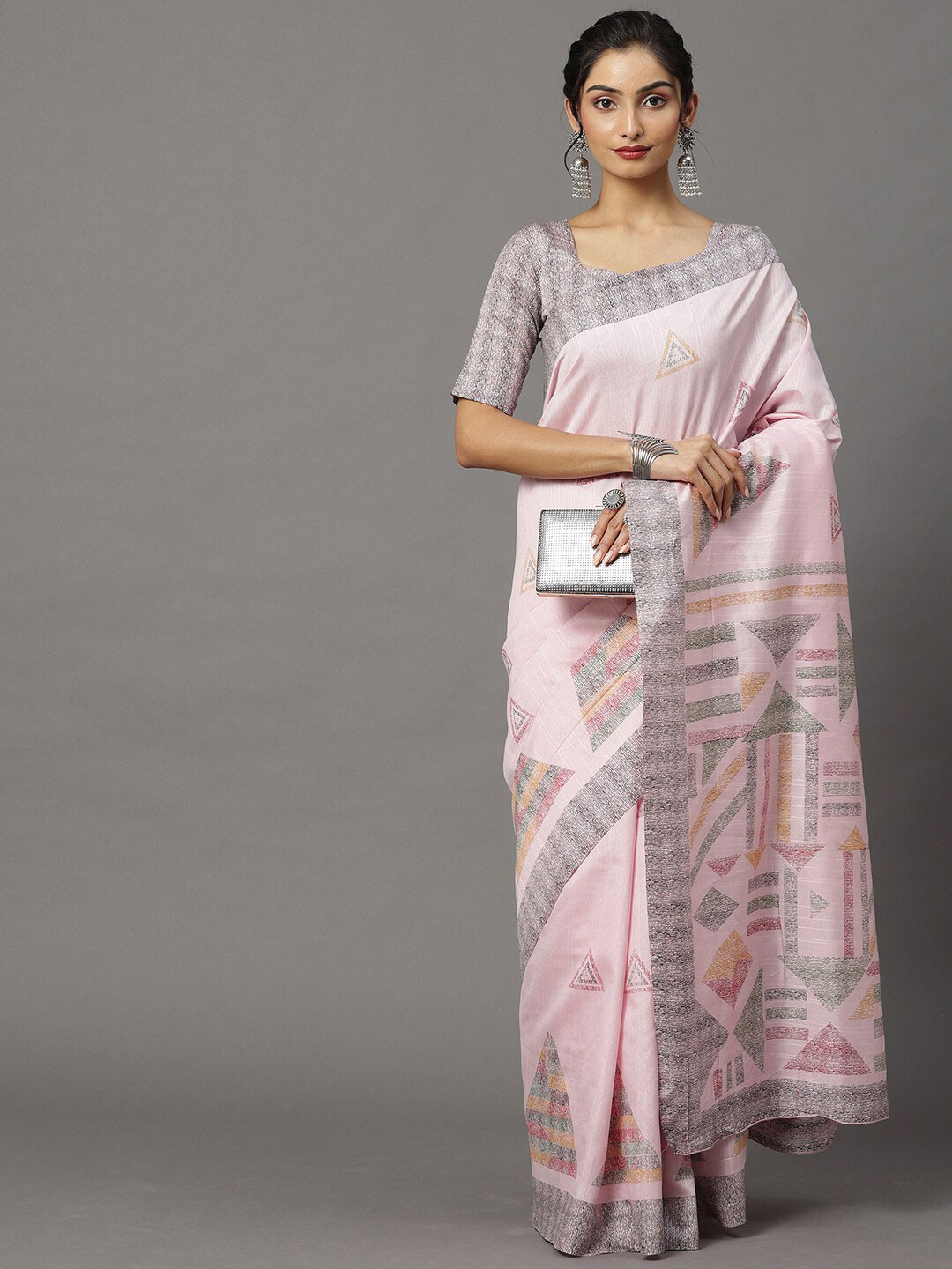 

Mitera Pink & Grey Art Silk Bhagalpuri Saree