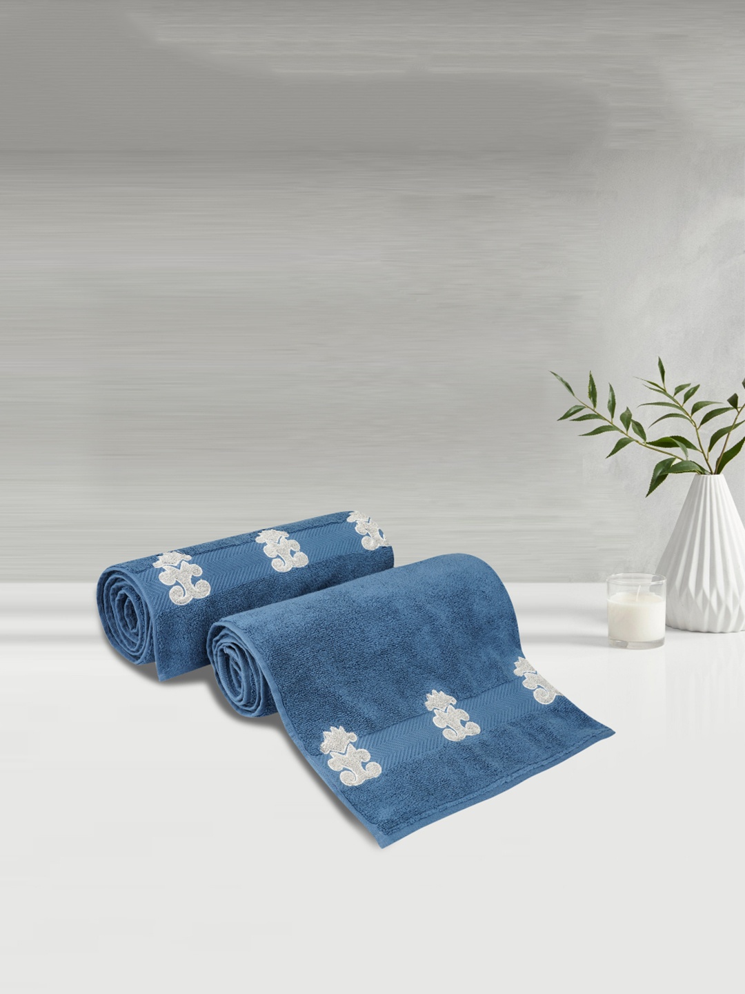 

LUSH & BEYOND Set Of 2 Blue & White Embroidered Pure Cotton 500 GSM Bath Towels