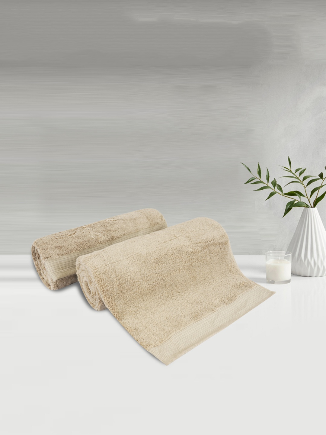 

LUSH & BEYOND Set of 2 Beige Solid 500 GSM Pure Cotton Bath Towels