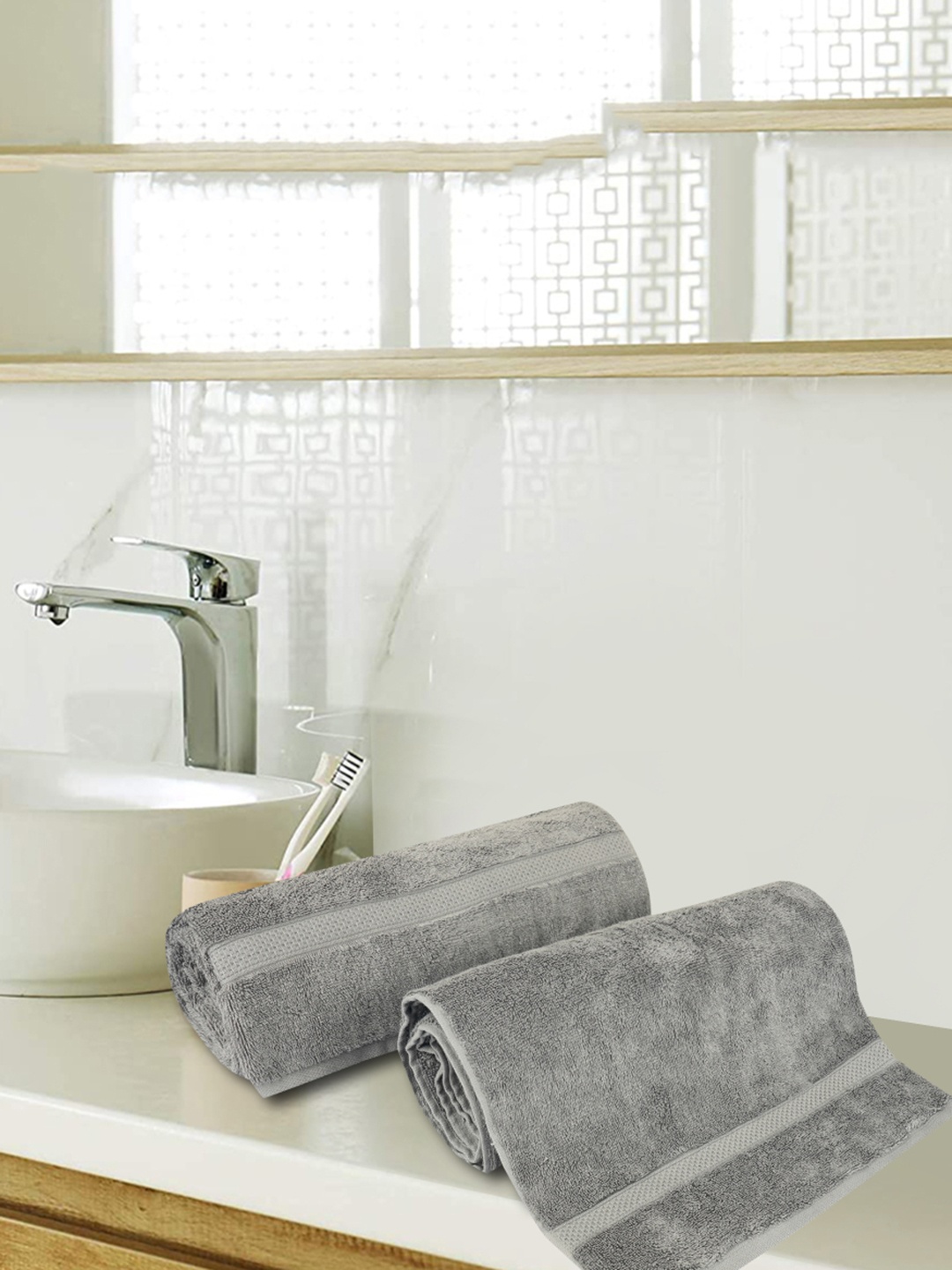 

LUSH & BEYOND Set of 2 Grey Solid 500 GSM Pure Cotton Bath Towels