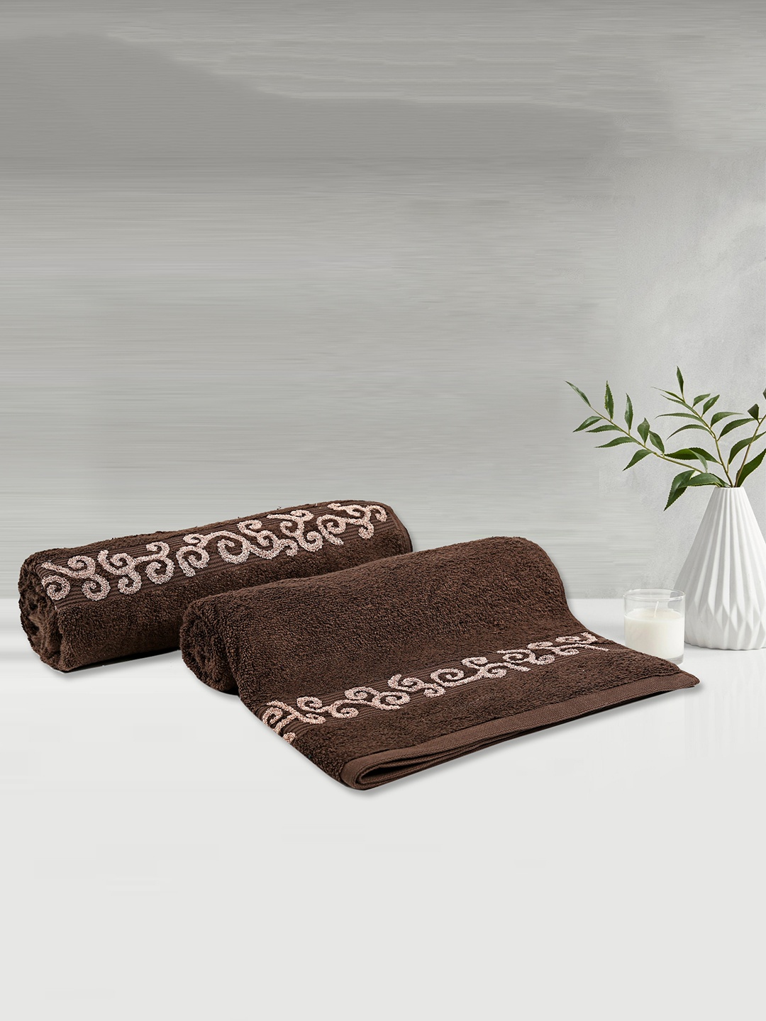 

LUSH & BEYOND Set of 2 Brown & White Printed 500 GSM Pure Cotton Bath Towels
