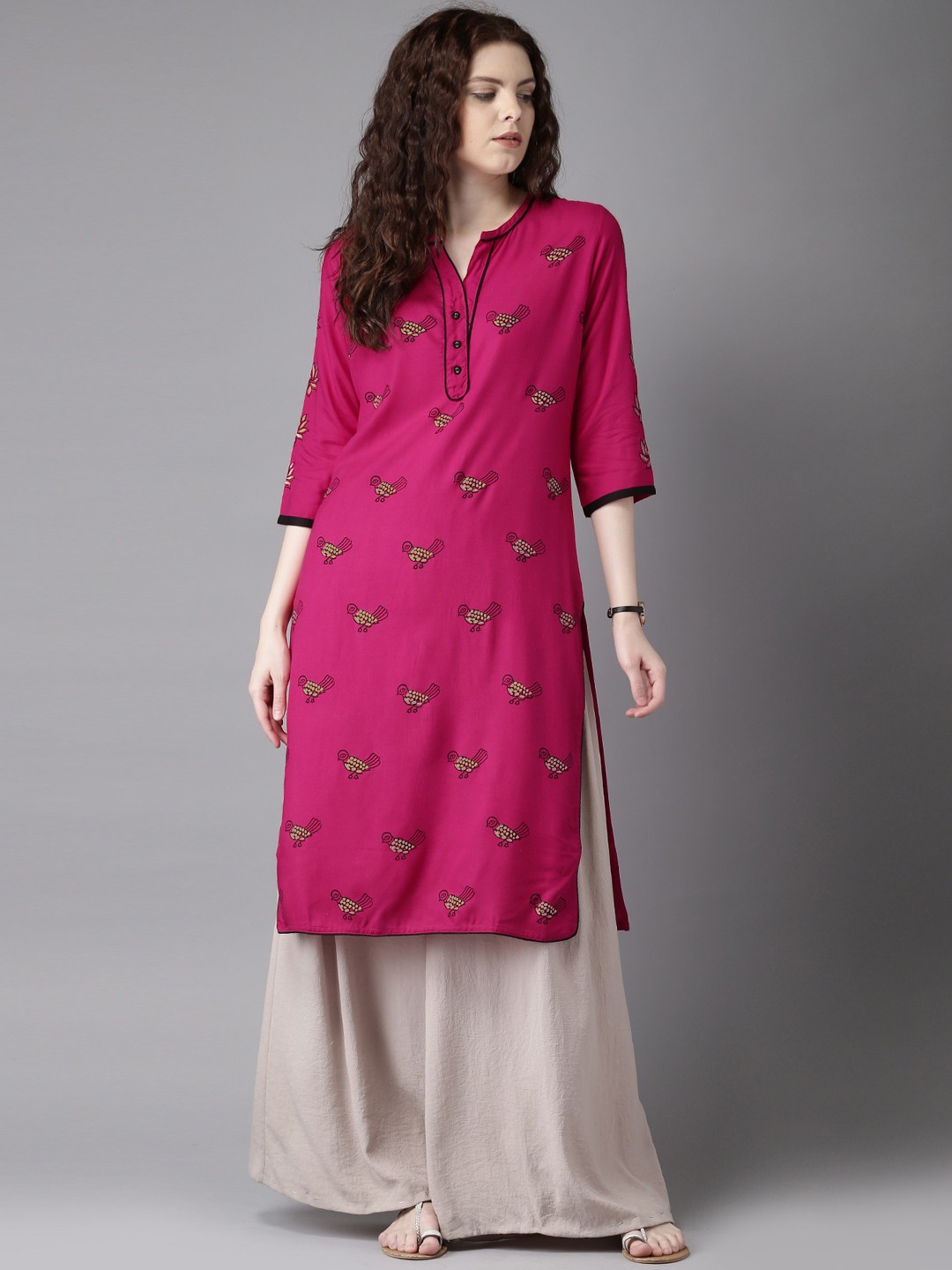 

Moda Rapido Women Pink Handblock Bird Print Straight Kurta