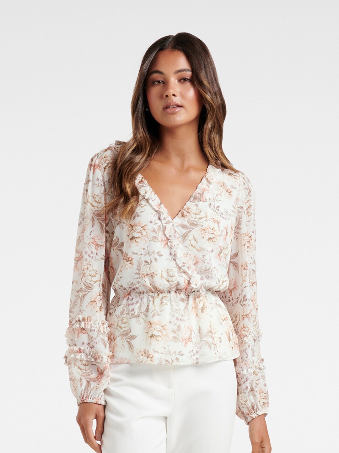 

Forever New Cream-Coloured Floral Printed Cinched Waist Top