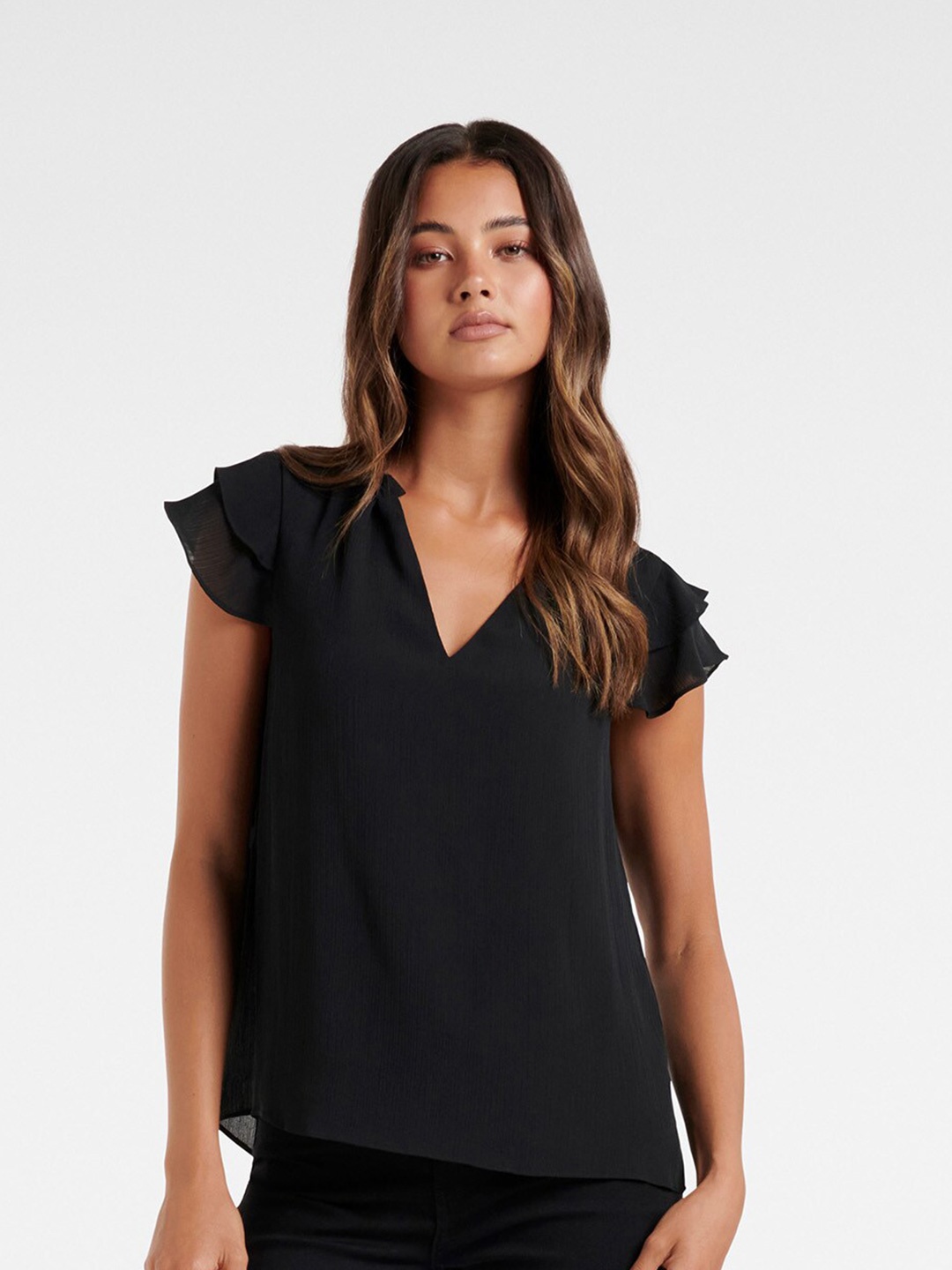 

Forever New Black V-Neck Flutter Sleeve Top
