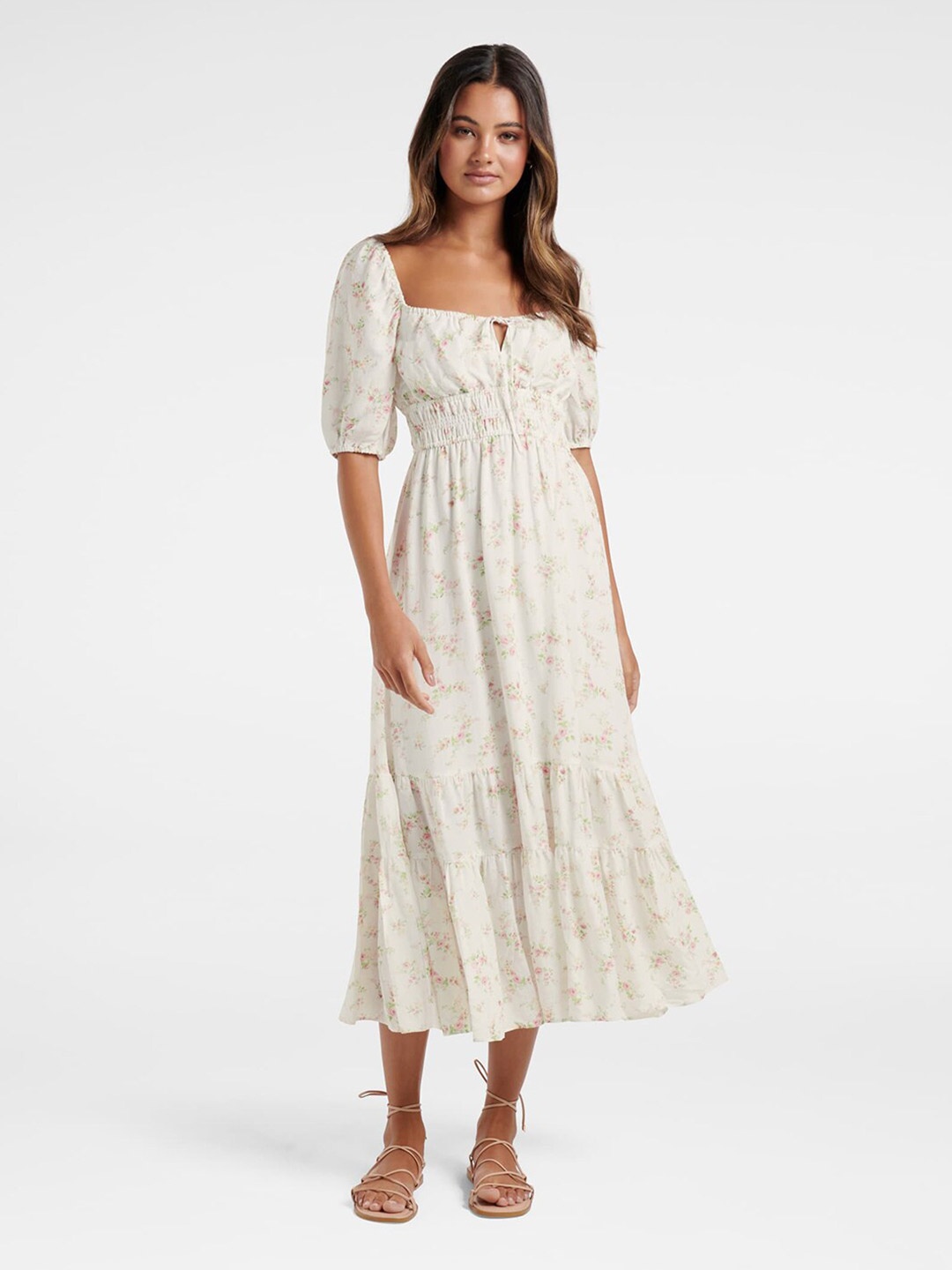 

Forever New Women White Floral Tiered Midi Dress