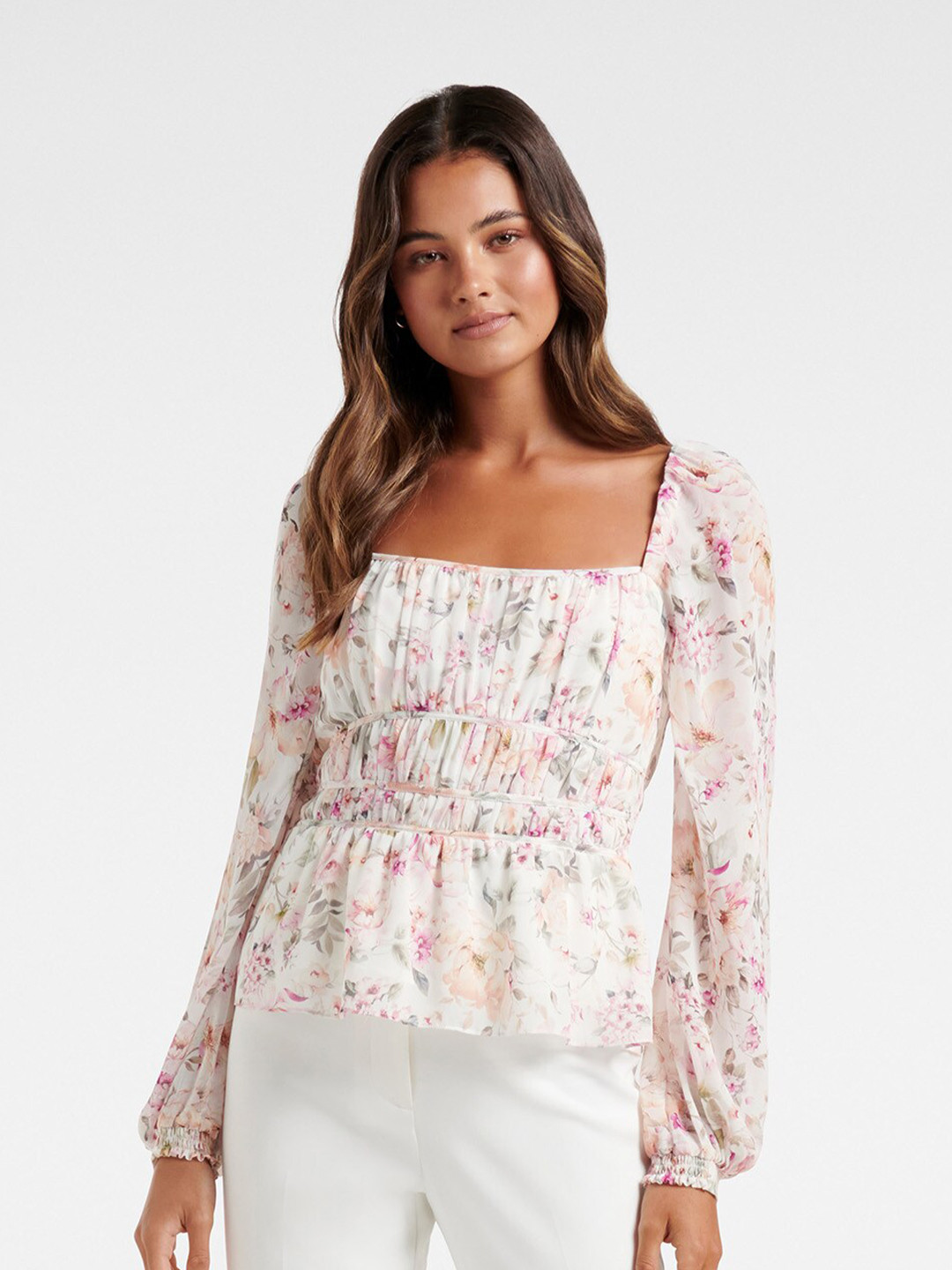 

Forever Women New White Floral Print Shirred Waist Top
