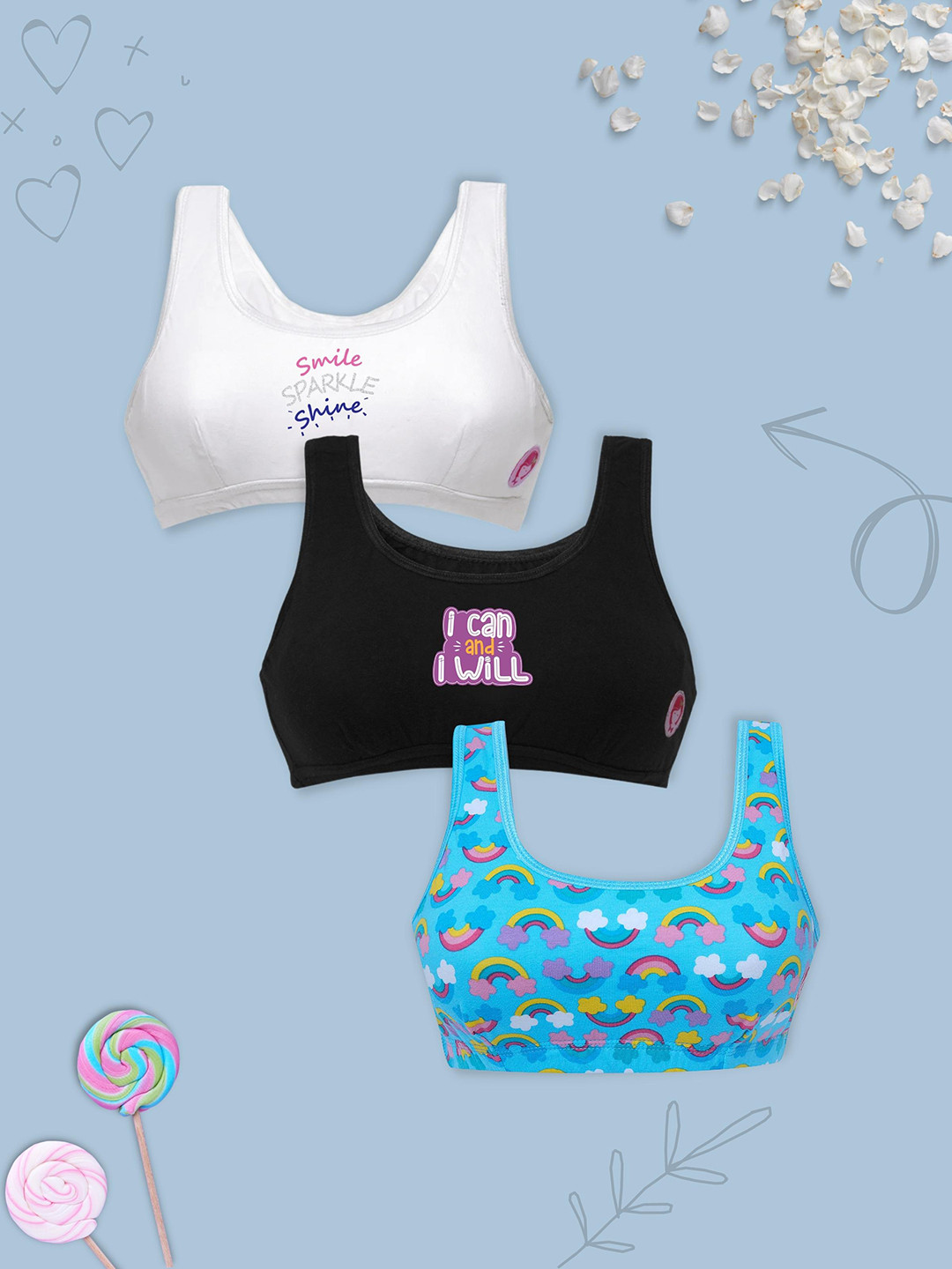 

Girls Pack Of 3 Double Layer Premium Cotton Non-Wired Non Padded Beginners Bra DCBRJN7492/xxxs, Blue