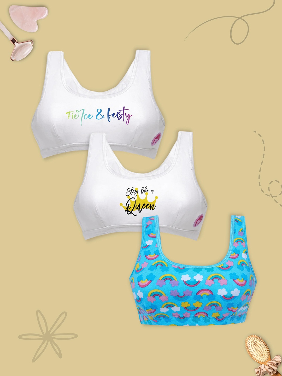 

D'chica Be You Collection Strong Set of 3 Beginners Double Front Layered Sports Bras, Blue