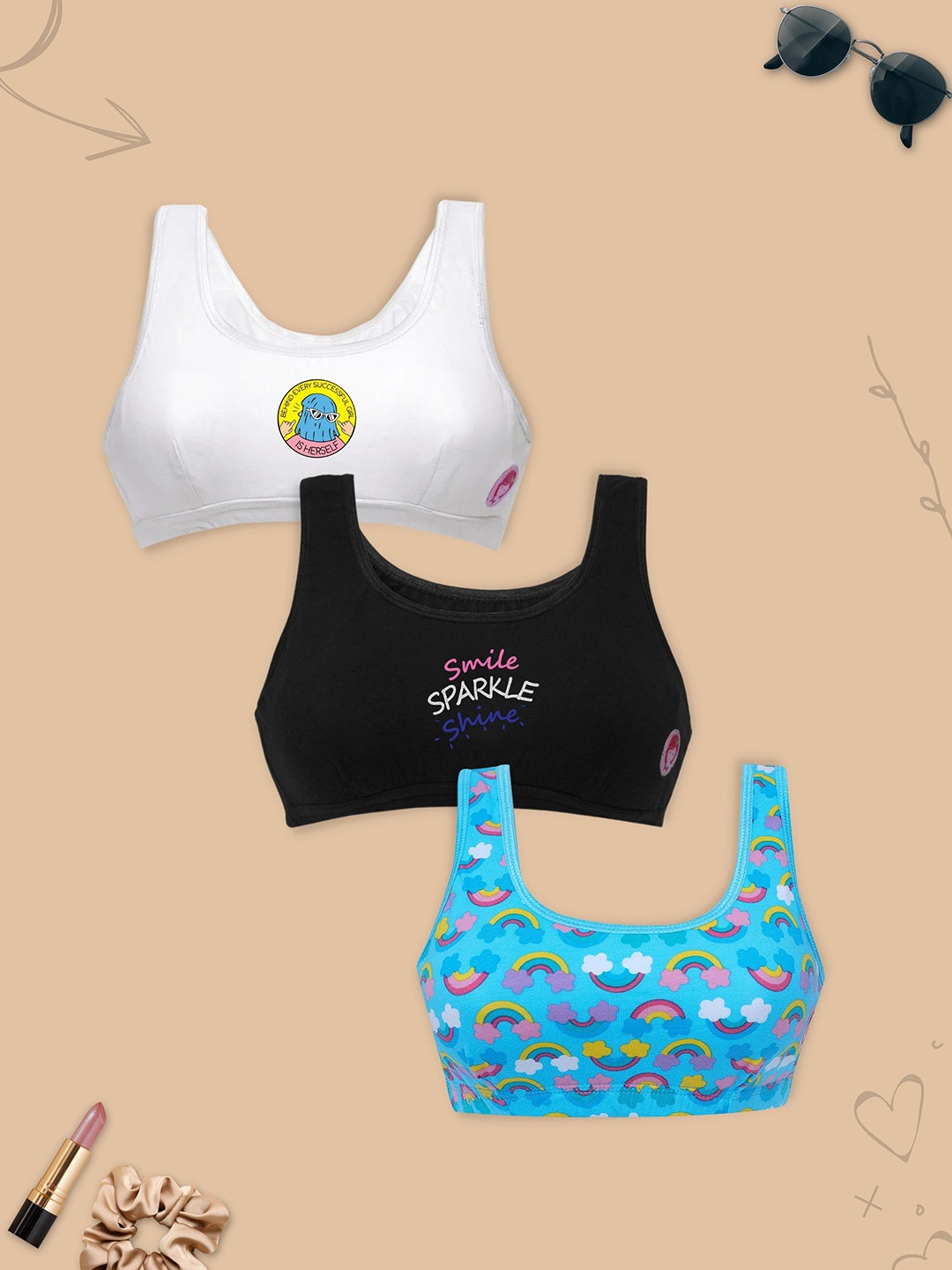 

D'chica Be You Collection Achiever Set of 3 Beginners Double Front Layered Sports Bras, White