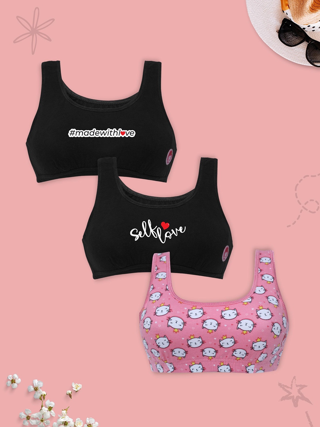 

D'chica Be You Collection Kind Set of 3 Beginners Double Front Layered Sports Bras, Black