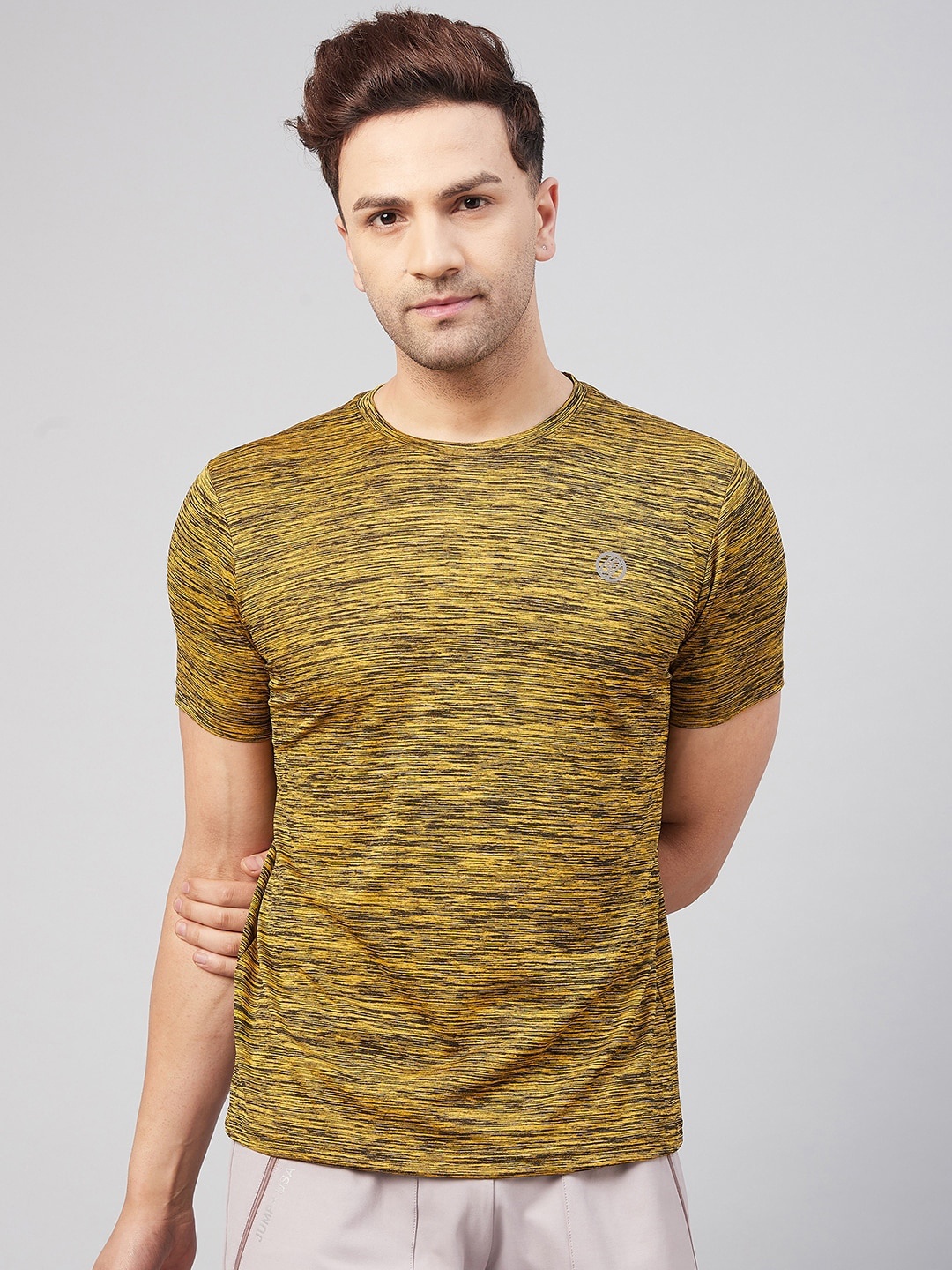 

GRITSTONES Men Mustard Self Design Regular Fit Rapid-Dry Training or Gym T-shirt