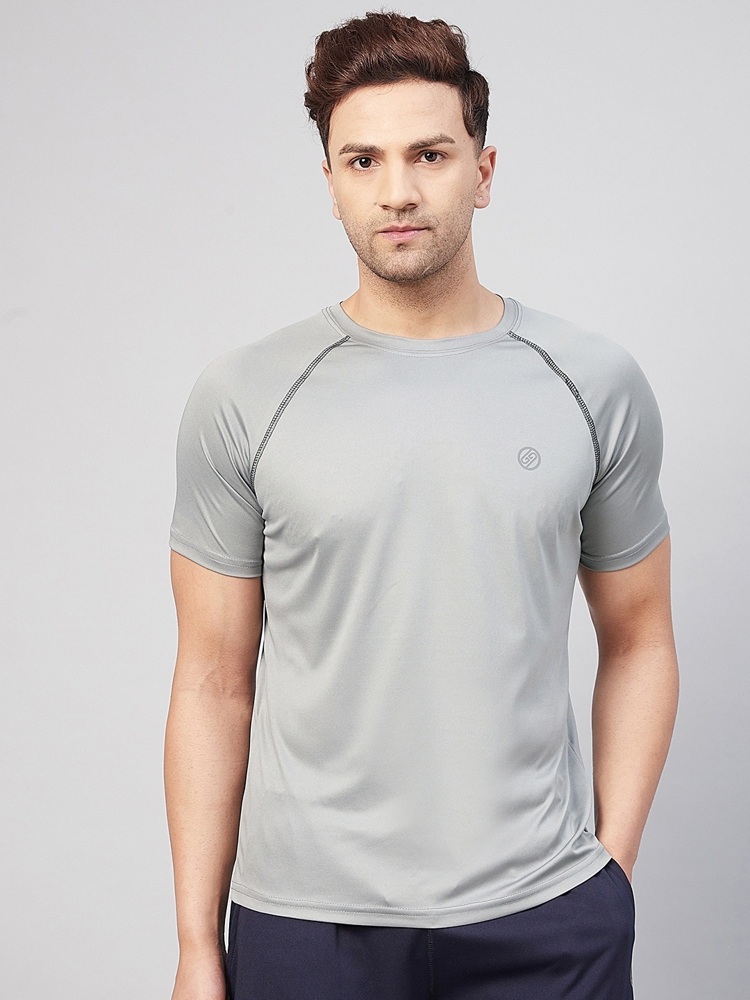 

GRITSTONES Men Grey Melange Solid Regular Fit Dry-Fit Training or Gym T-shirt