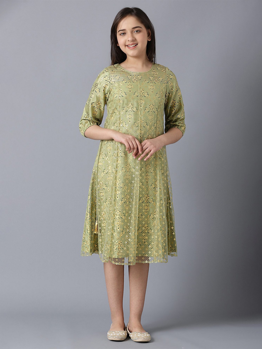 

AURELIA Green & Golden Floral Ethnic A-Line Dress