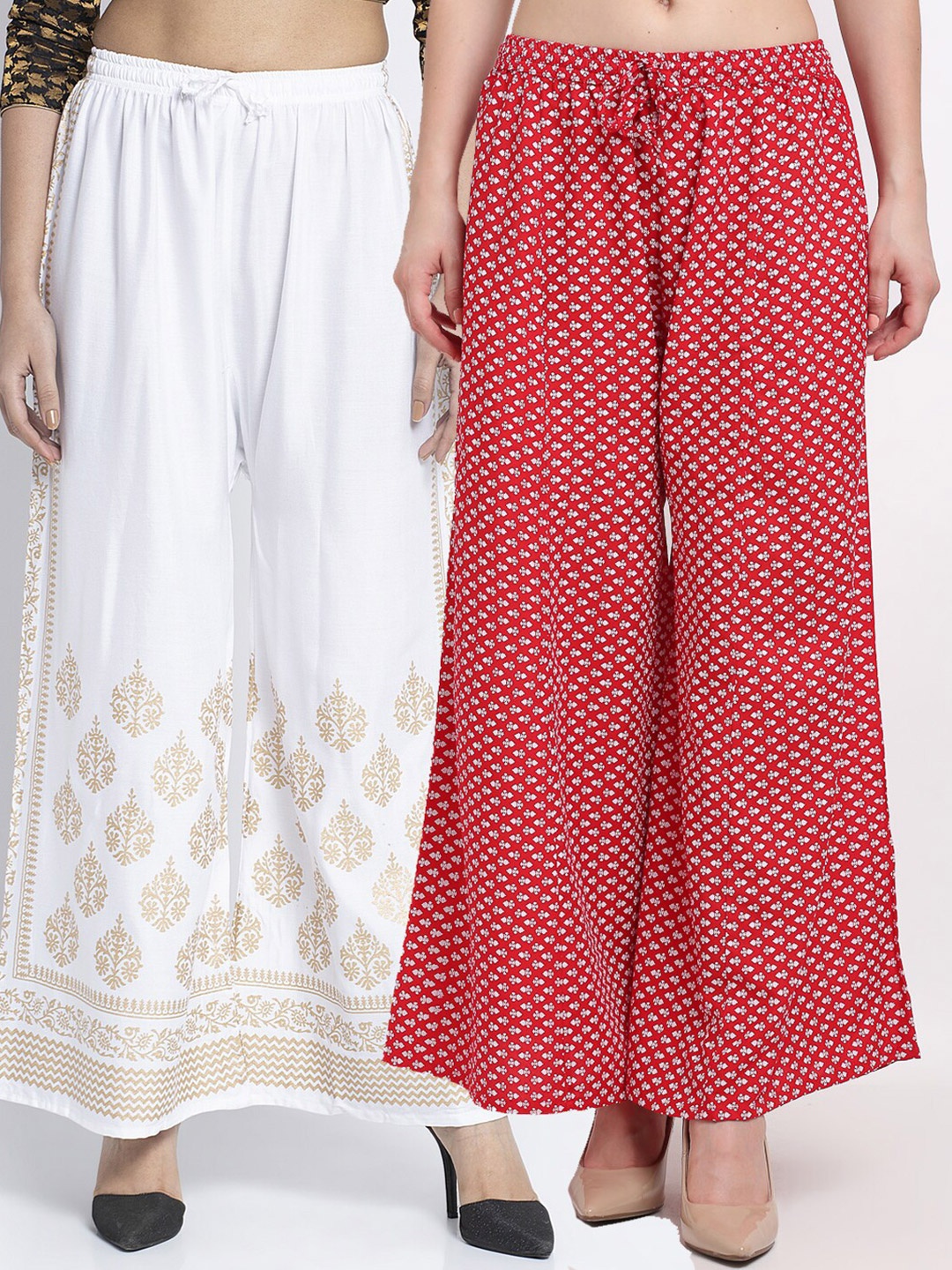 

Jinfo Women White & Red St Of 2 Ethnic Motifs Printed Flared Knitted Palazzos