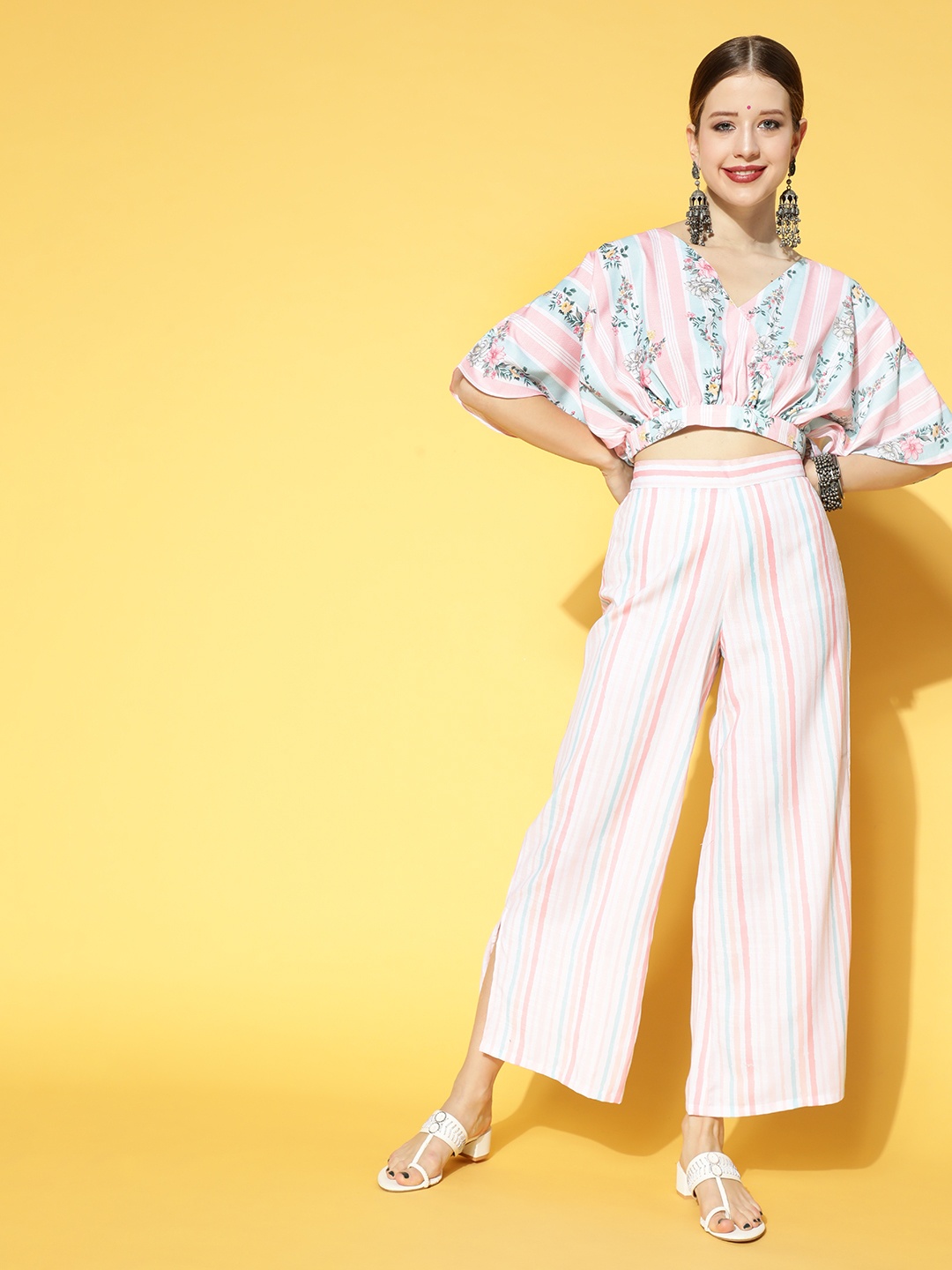 

ZIYAA Women Peach-Coloured & Green Striped Top & Palazzo Co-Ords
