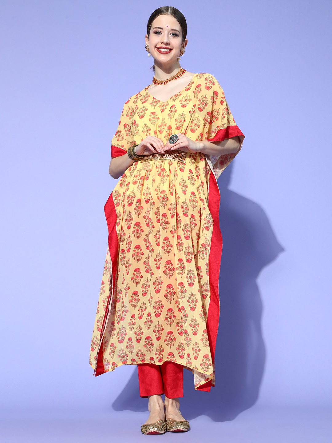 

ZIYAA Women Yellow Floral Screen Printed Kaftan Kurta with Trousers