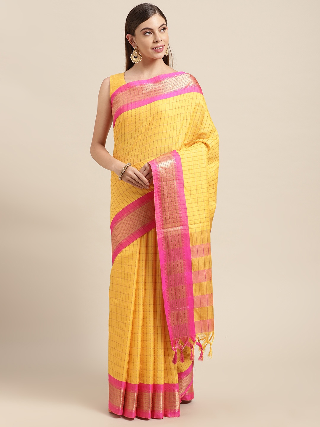 

VASTRANAND Yellow & Pink Checked Zari Pure Silk Gadwal Saree