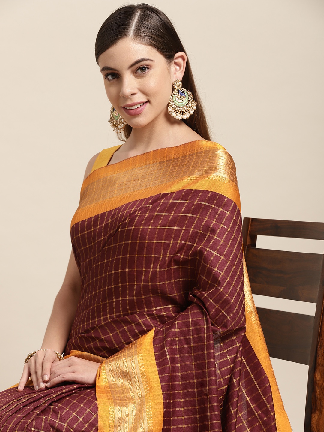 

VASTRANAND Brown & Mustard Yellow Checked Zari Pure Silk Gadwal Saree