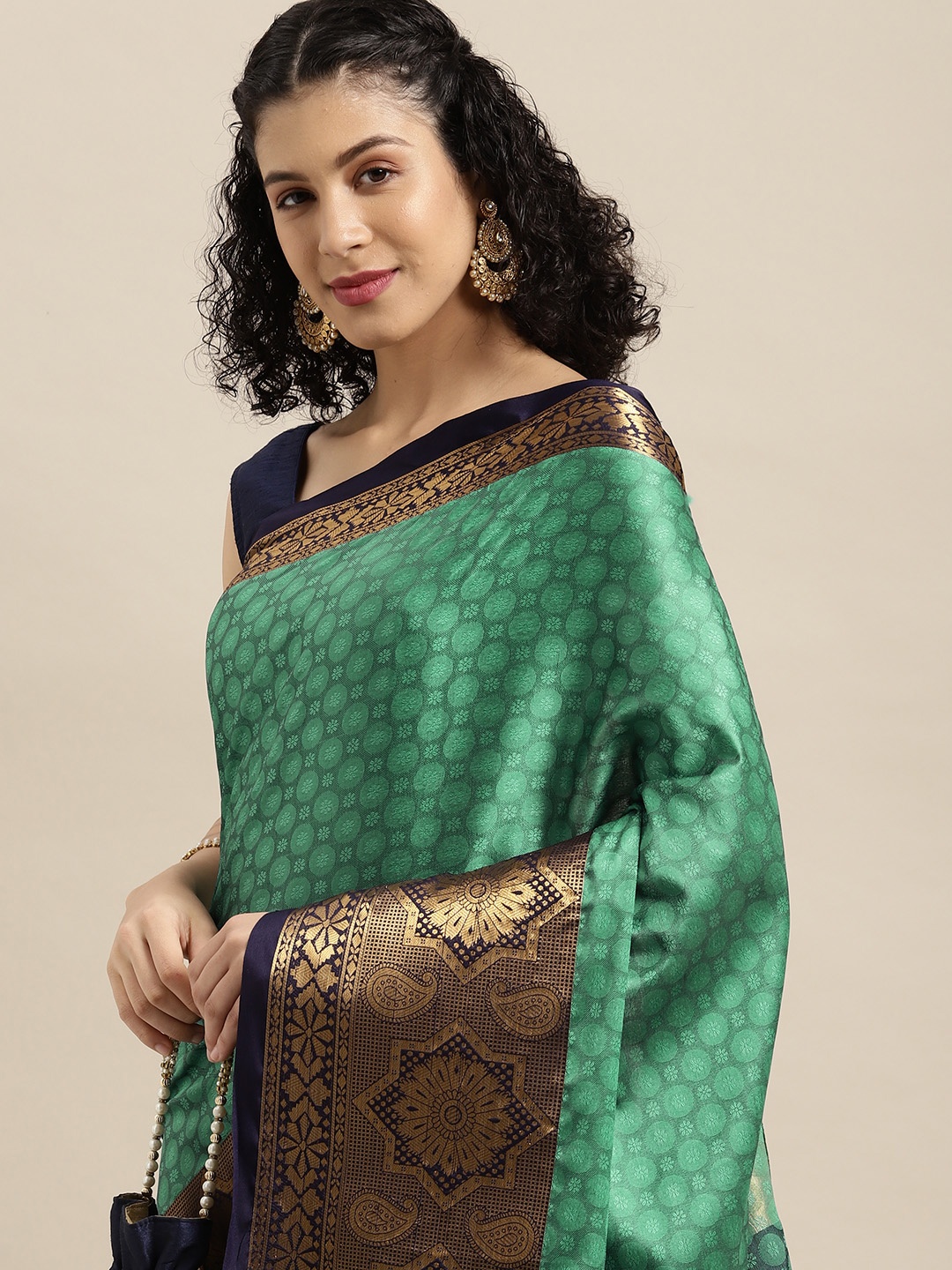 

VASTRANAND Teal Green Zari Silk Blend Banarasi Saree