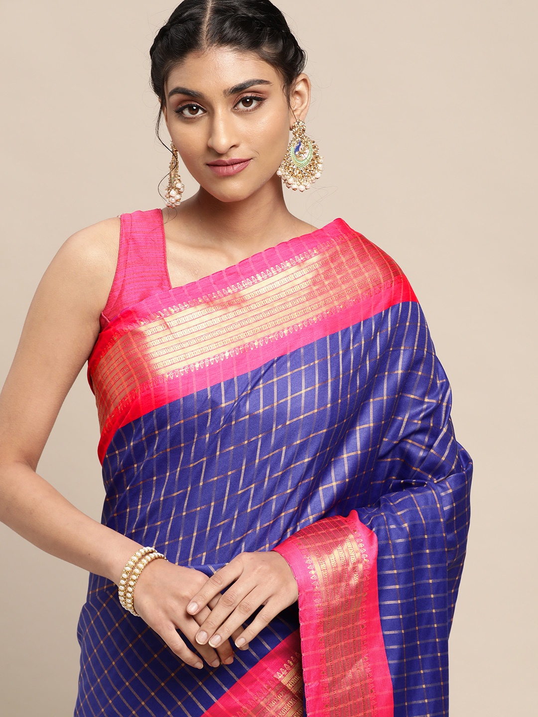 

VASTRANAND Blue & Pink Checked Pure Silk Gadwal Saree