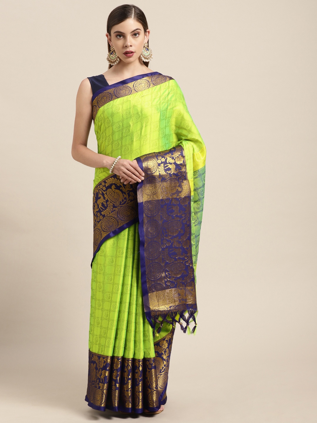 

VASTRANAND Green & Navy Blue Ethnic Woven Design Zari Silk Blend Banarasi Saree