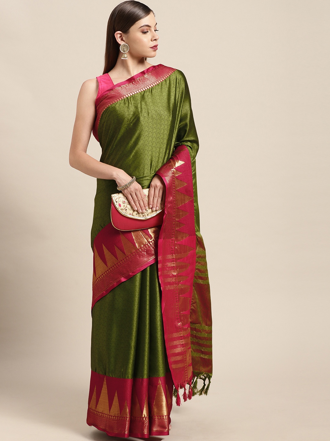 

VASTRANAND Green & Pink Woven Design Zari Silk Blend Banarasi Saree