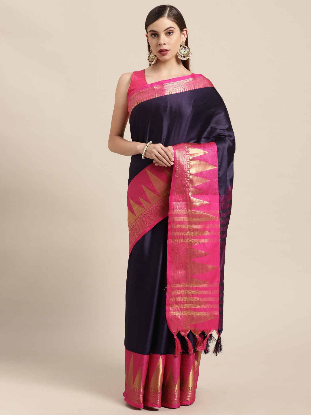 

VASTRANAND Navy Blue & Pink Solid Zari Silk Blend Banarasi Saree