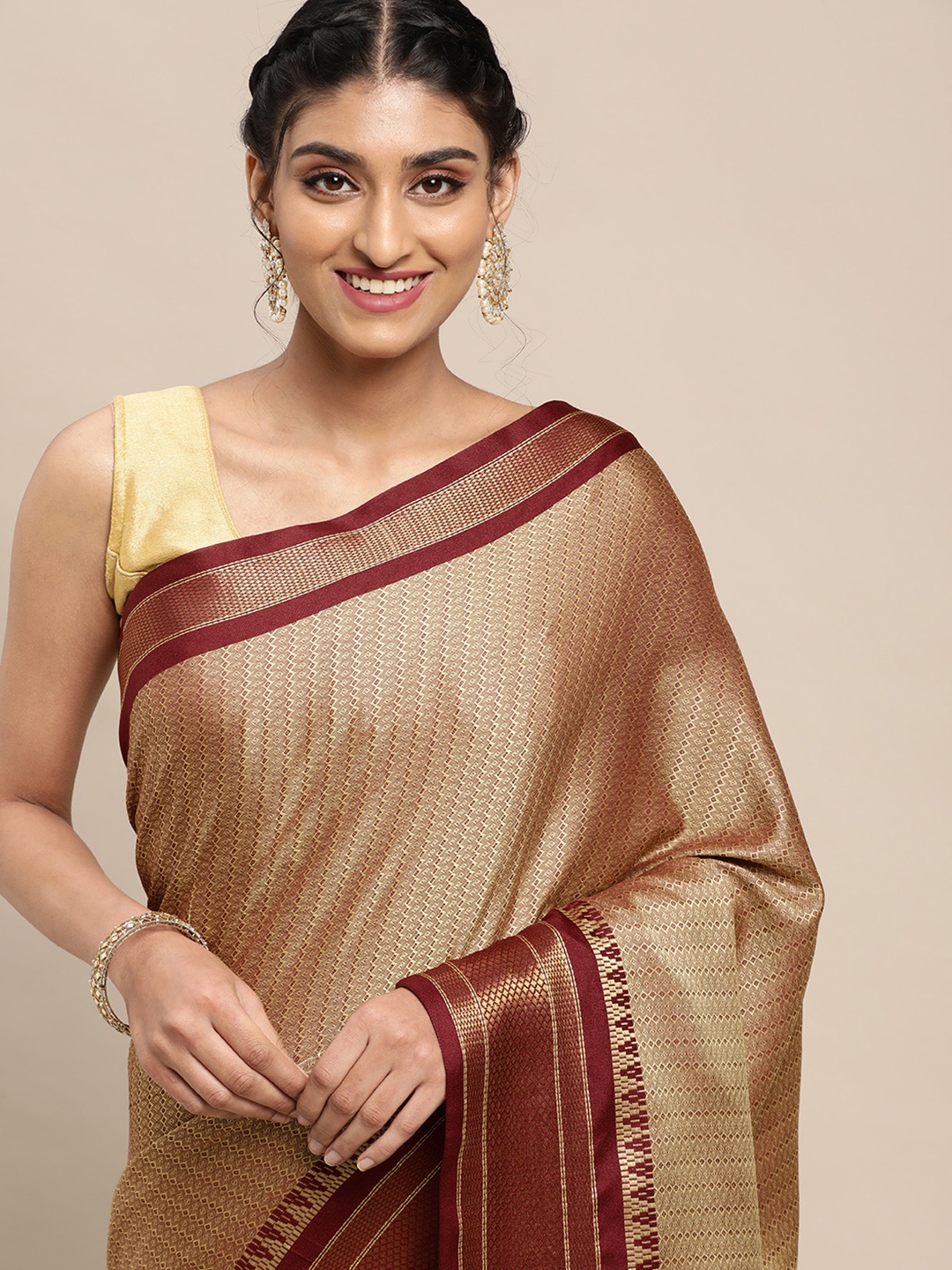

VASTRANAND Golden & Maroon Woven Design Banarasi Saree, Gold