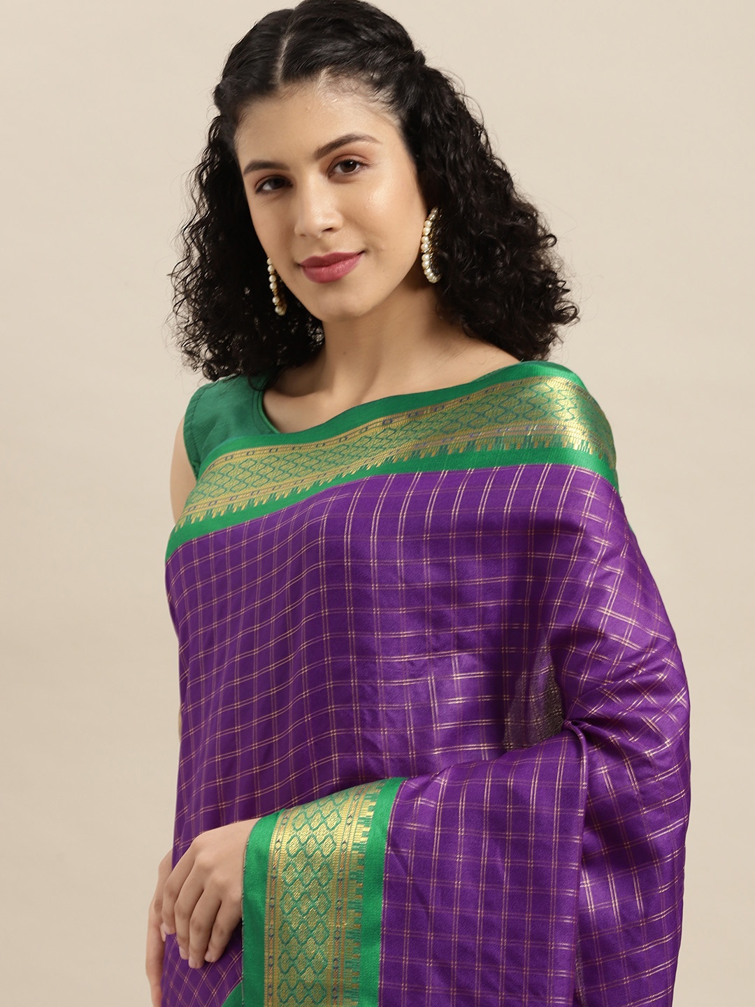 

VASTRANAND Purple Checked Zari Pure Silk Gadwal Saree