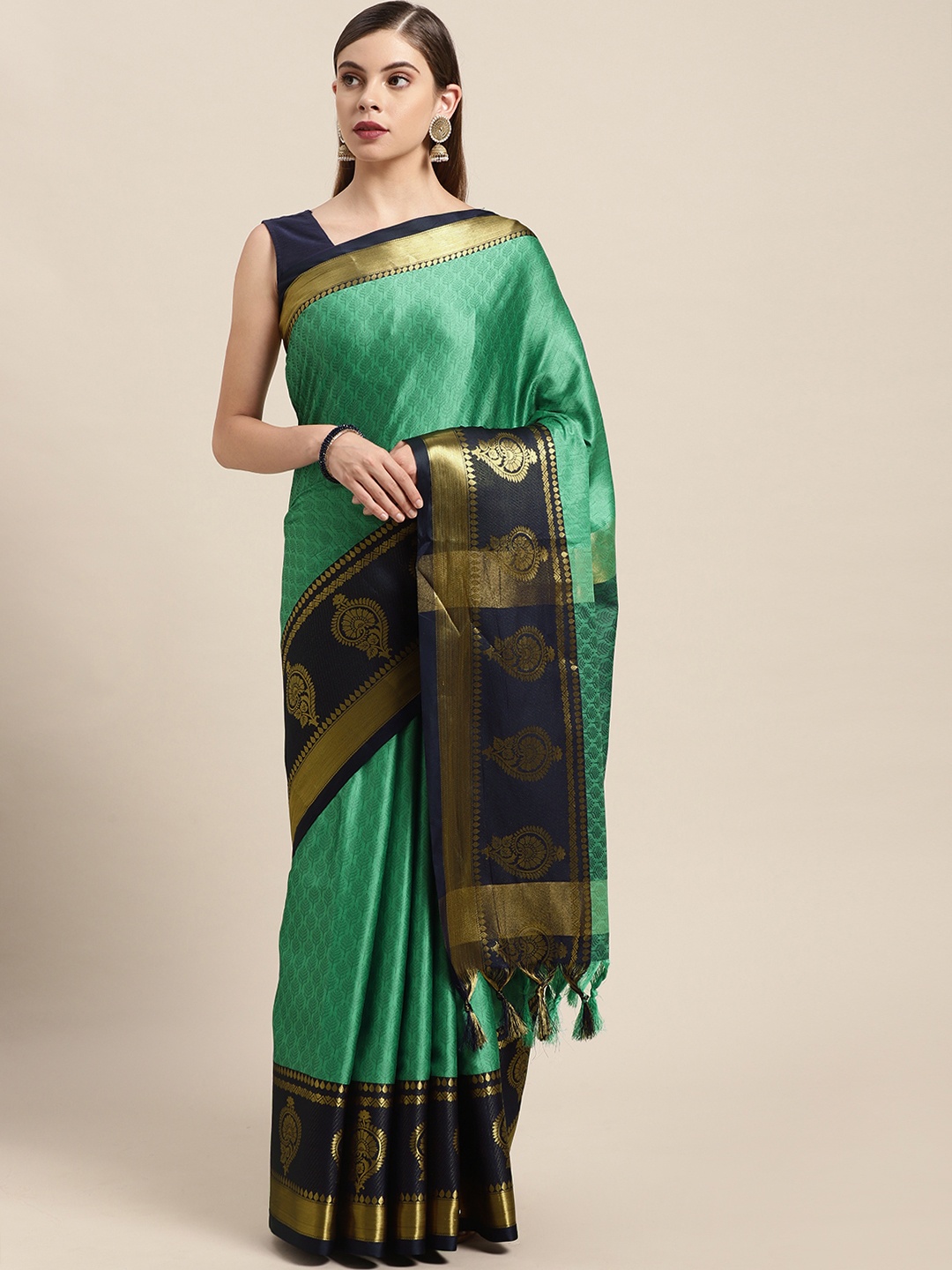 

VASTRANAND Turquoise Blue & Navy Blue Woven Design Zari Silk Blend Banarasi Saree