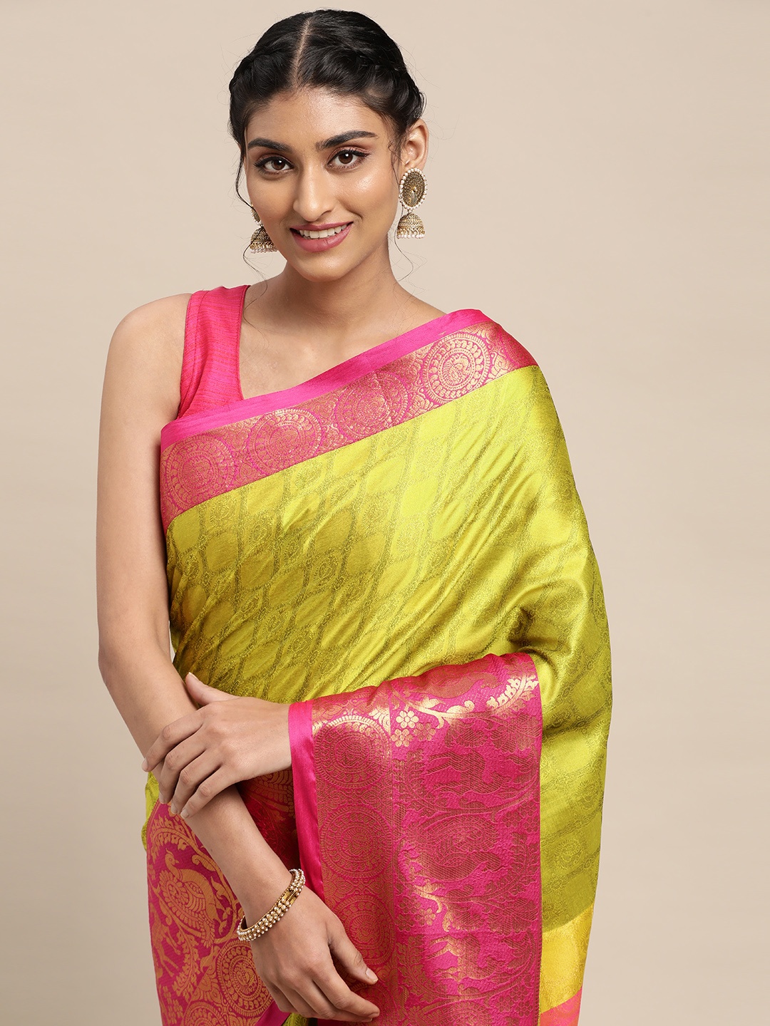 

VASTRANAND Lime Green & Pink Woven Design Banarasi Saree